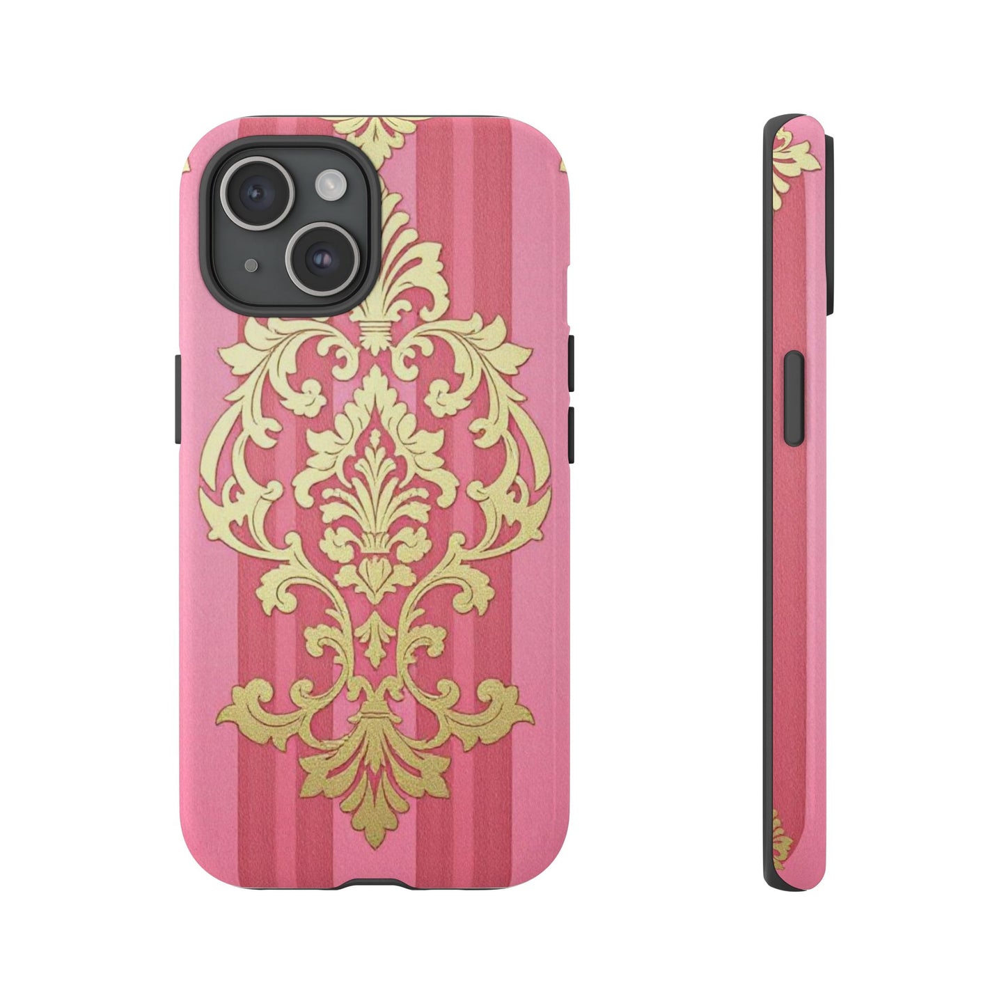Elegant Floral Motif Phone Case - Tough Cases with Vintage Design - Pink Striped Damask