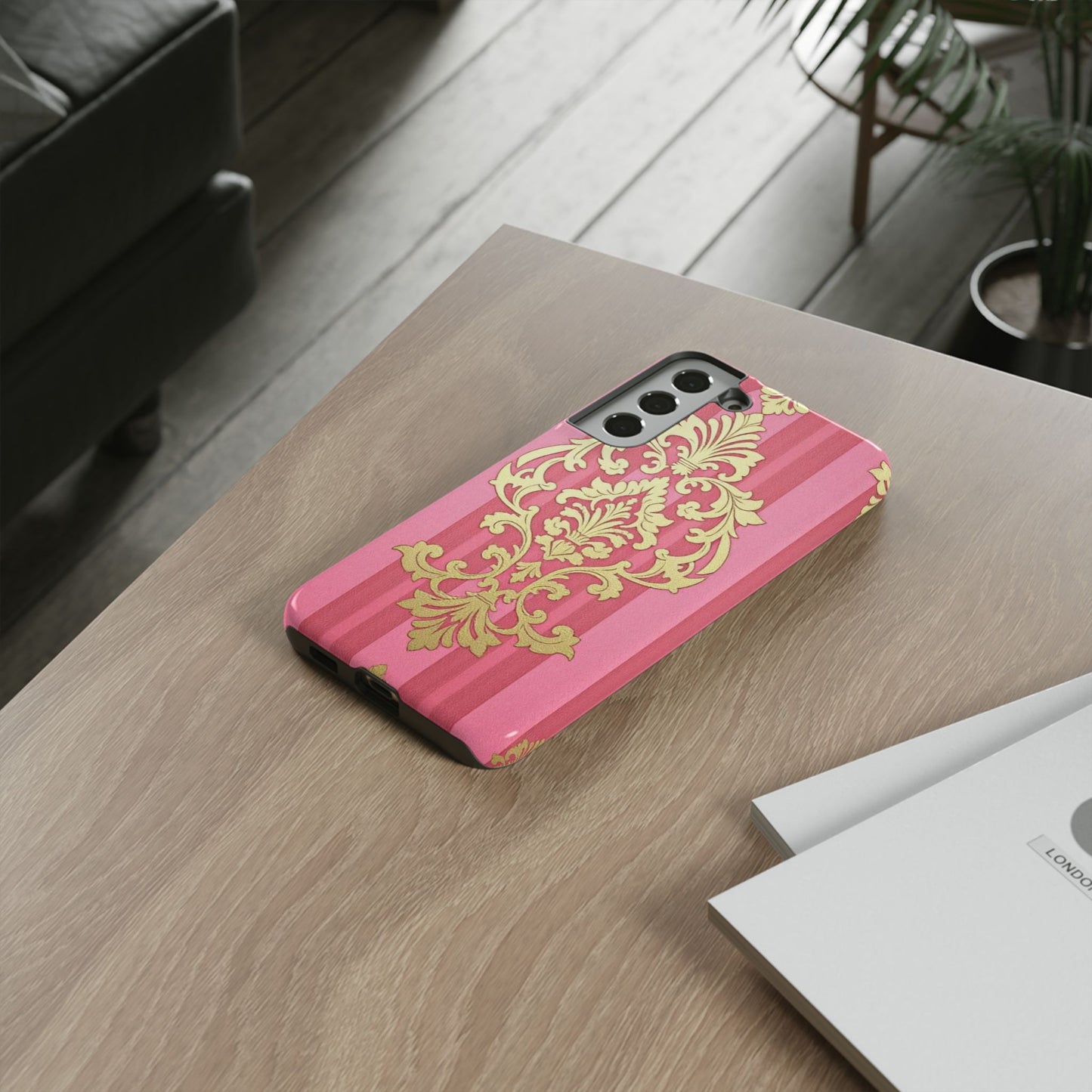 Elegant Floral Motif Phone Case - Tough Cases with Vintage Design - Pink Striped Damask