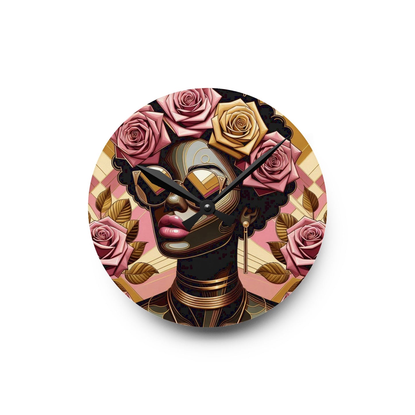 Elegant Afro Woman Acrylic Wall Clock with Floral Design, Boho Home Decor, Unique Wall Art, Gift for Her - Pink Roses Lady
