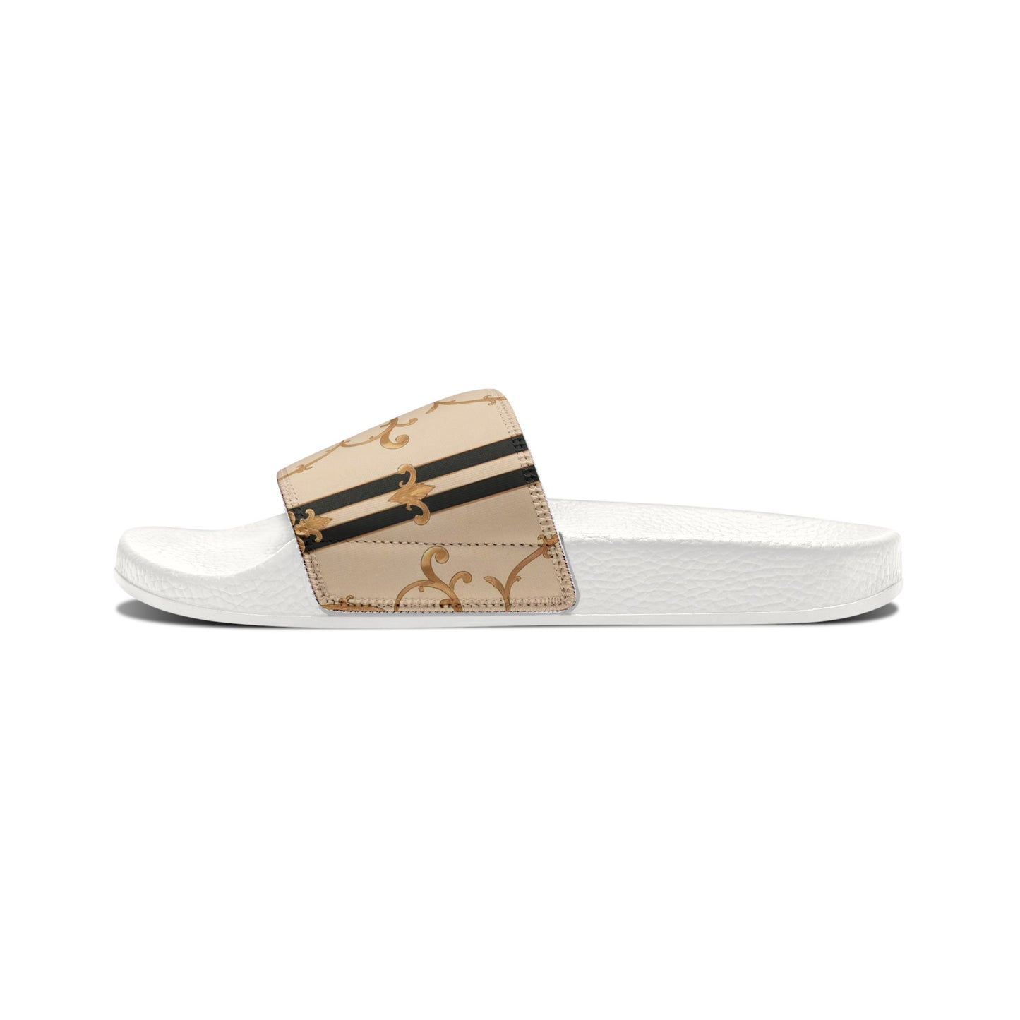 Chic Women's Sandals, Stylish Slip-On Footwear, Summer Essentials, Vacation Shoes, Trendy Outdoor Slides - Black & Beige Striped Damask
