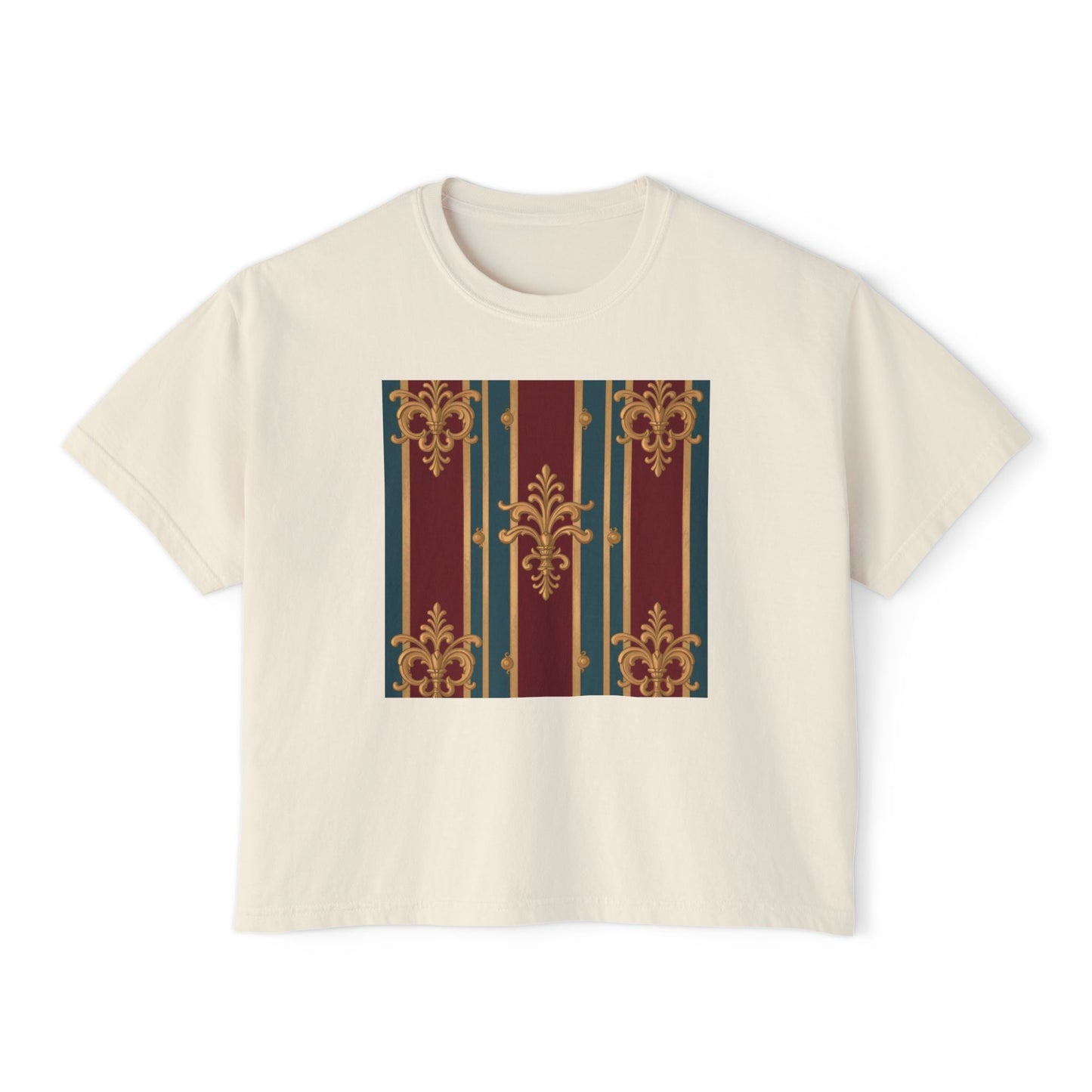 Vintage Floral Women's Boxy Tee, Casual Shirt, Graphic Tee, Everyday Wear, Gift for Her - Burgundy Striped Gold Baroque