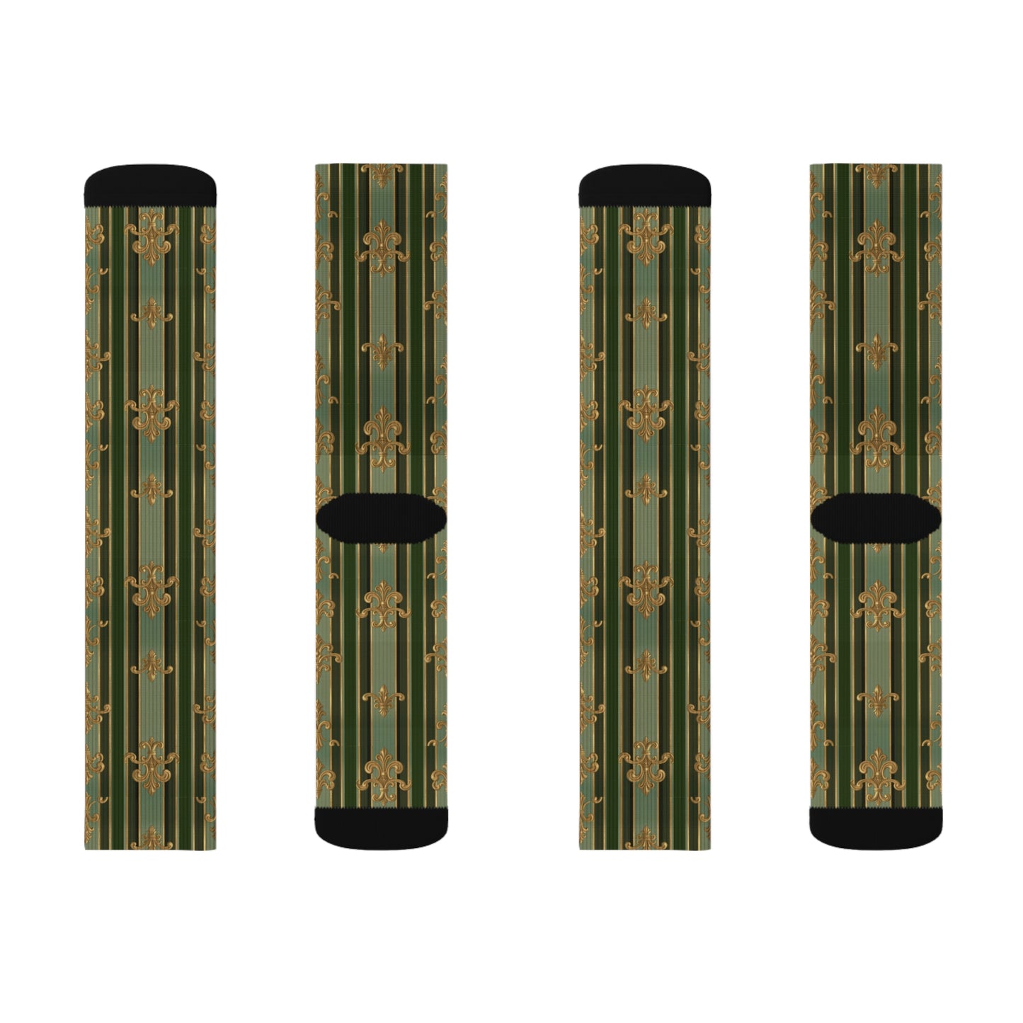 Stylish Floral Sublimation Socks | Unique Gift for Fashion Lovers, Comfortable Daily Wear - Green Striped Gold Baroque