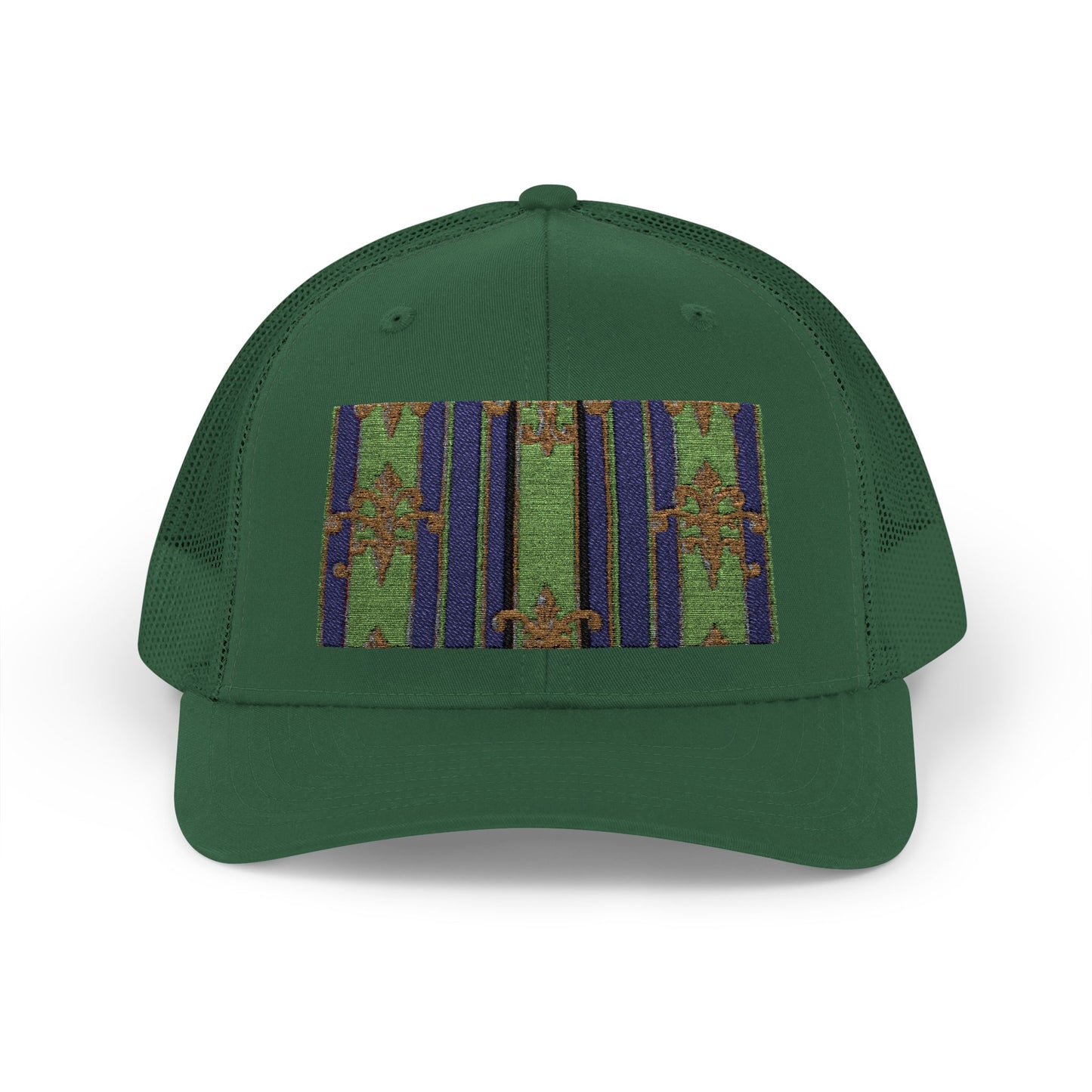 Vibrant Snapback Trucker Cap with Colorful Pattern, Baroque Hat for Festivals, Unisex Cap, Summer Accessory - Green Striped Gold Baroque