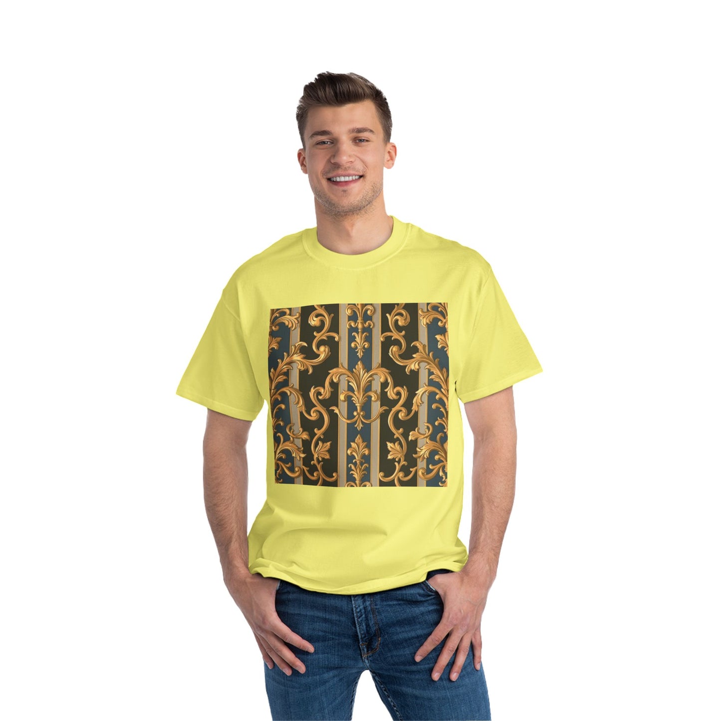 Ornate Gold Pattern Short-Sleeve T-Shirt, Stylish Casual Wear, Unique Graphic Tee - Blue & Black Striped Rococo