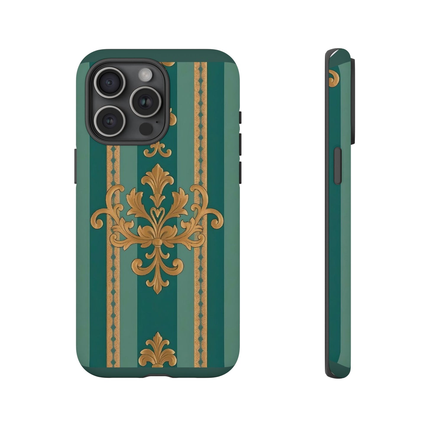 Elegant Floral Motif Phone Case - Tough Cases with Vintage Design - Teal Striped Gold Damask