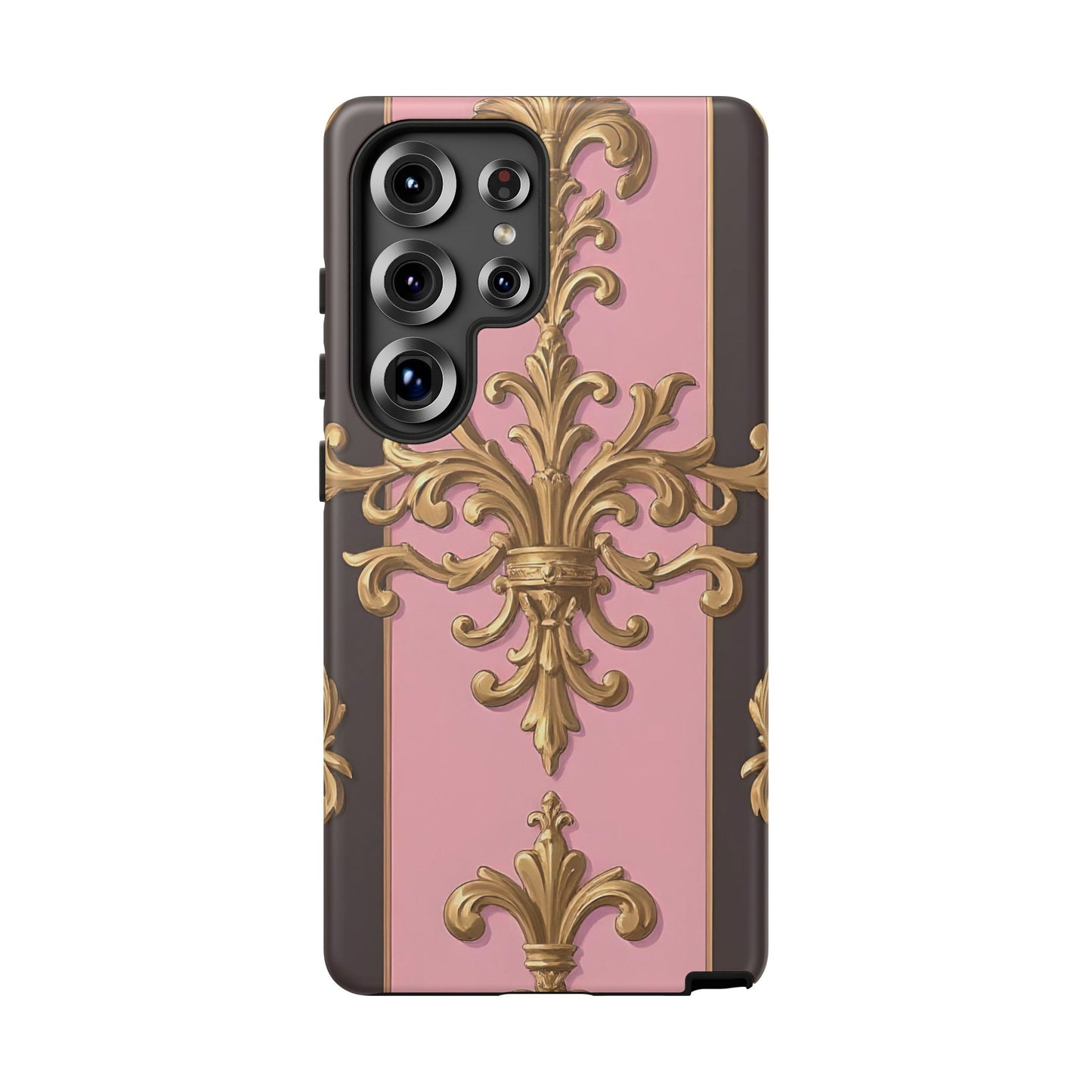 Elegant Floral Motif Phone Case - Tough Cases with Vintage Design - Pink & Brown Striped Gold Damask