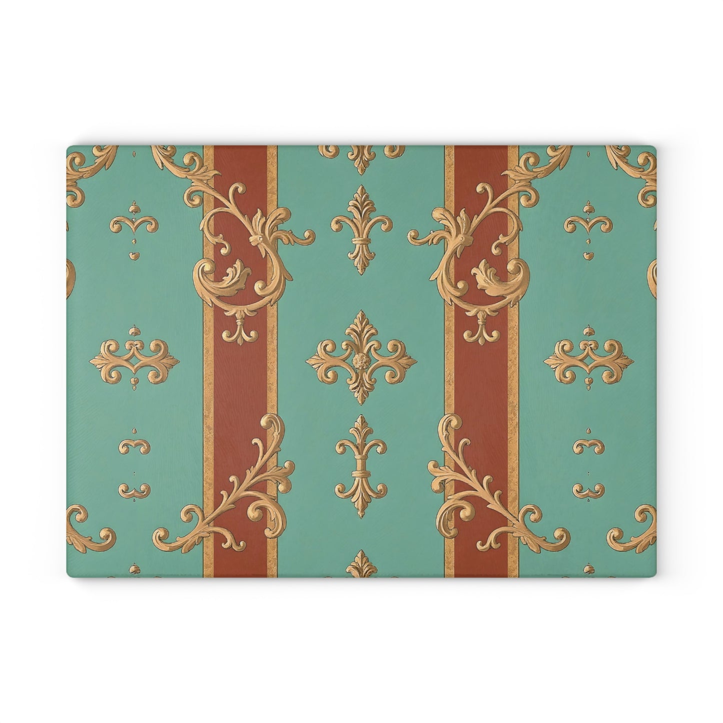 Elegant Decorative Glass Cutting Board, Kitchen Decor, Gift for Chefs, Home Decor, Wedding Gift - Rust & Mint Aqua Striped Baroque