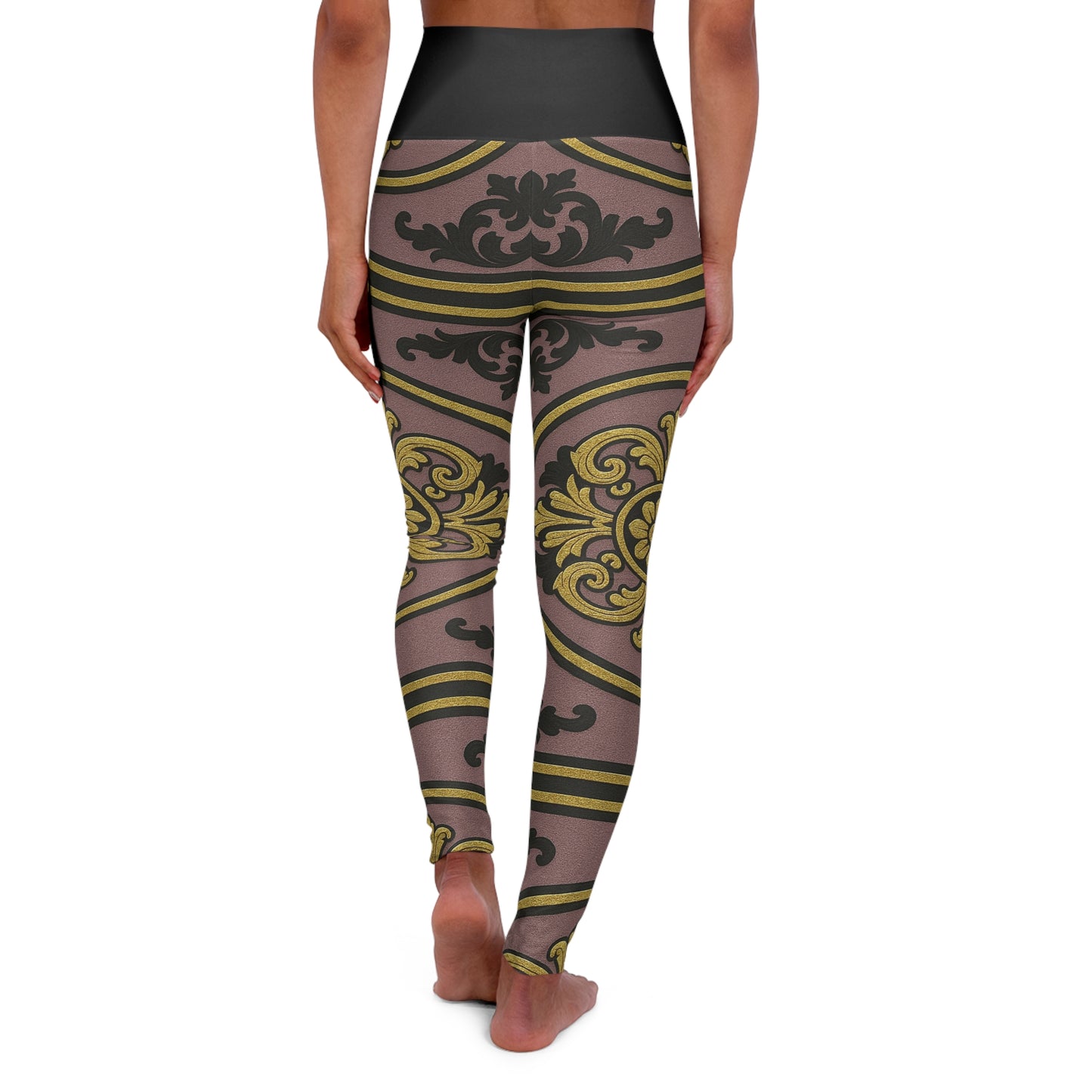 Chic Gilded Mauve With Black-Gold Baroque High Waisted Yoga Leggings, Stylish Workout Pants, Fitness Apparel, Activewear, Yoga & Pilates Fashion