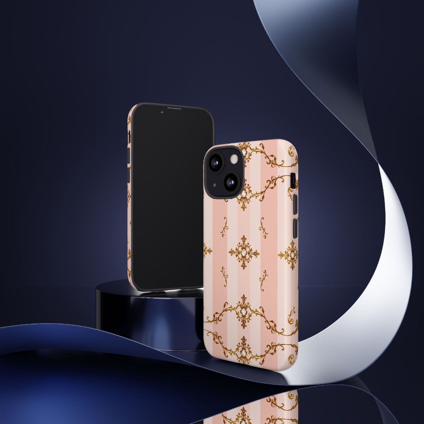 Elegant Floral Phone Case, Tough Cases for Women, Trendy Phone Cover, Chic Gift - Pink Jeweled Striped Gold Baroque