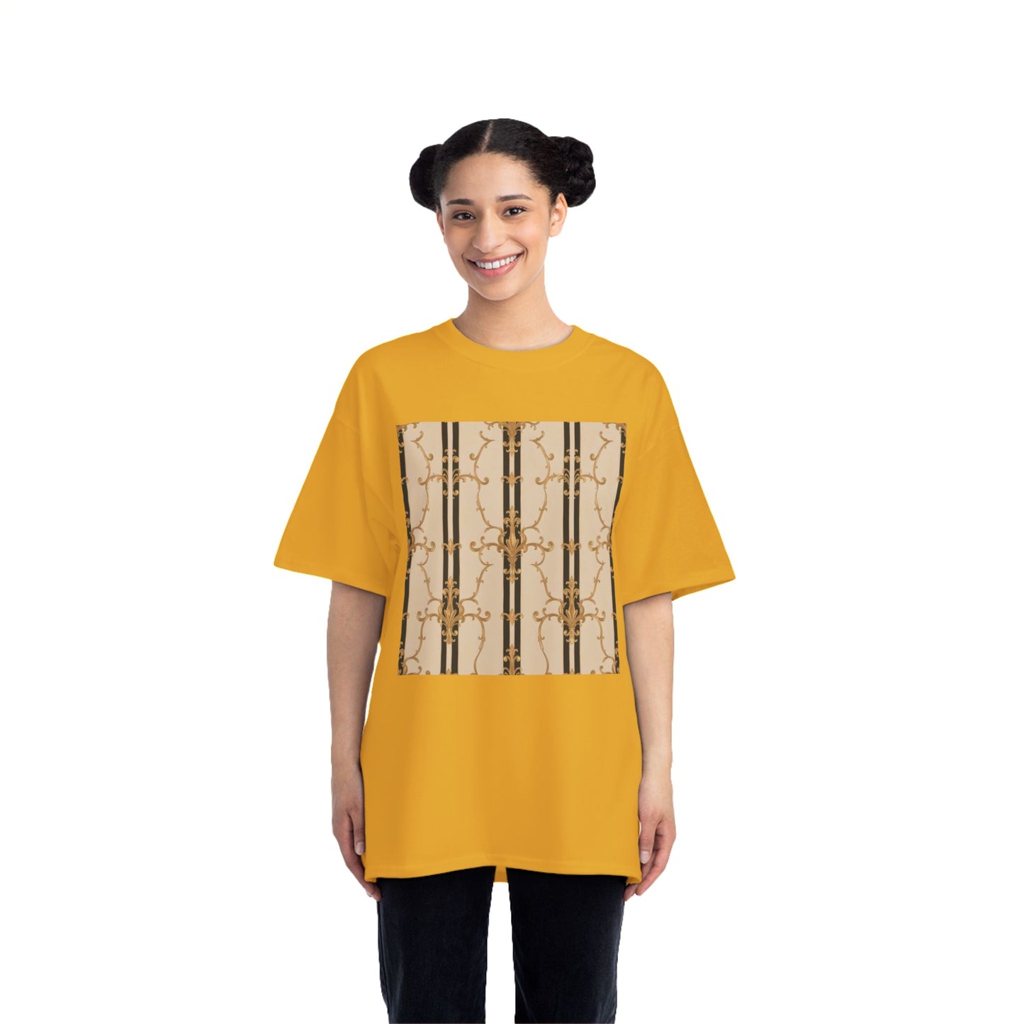 Stylish Graphic Tee for Casual Wear, Fashionable Short-Sleeve Shirt, Unique Summer Top - Black & Beige Striped Damask