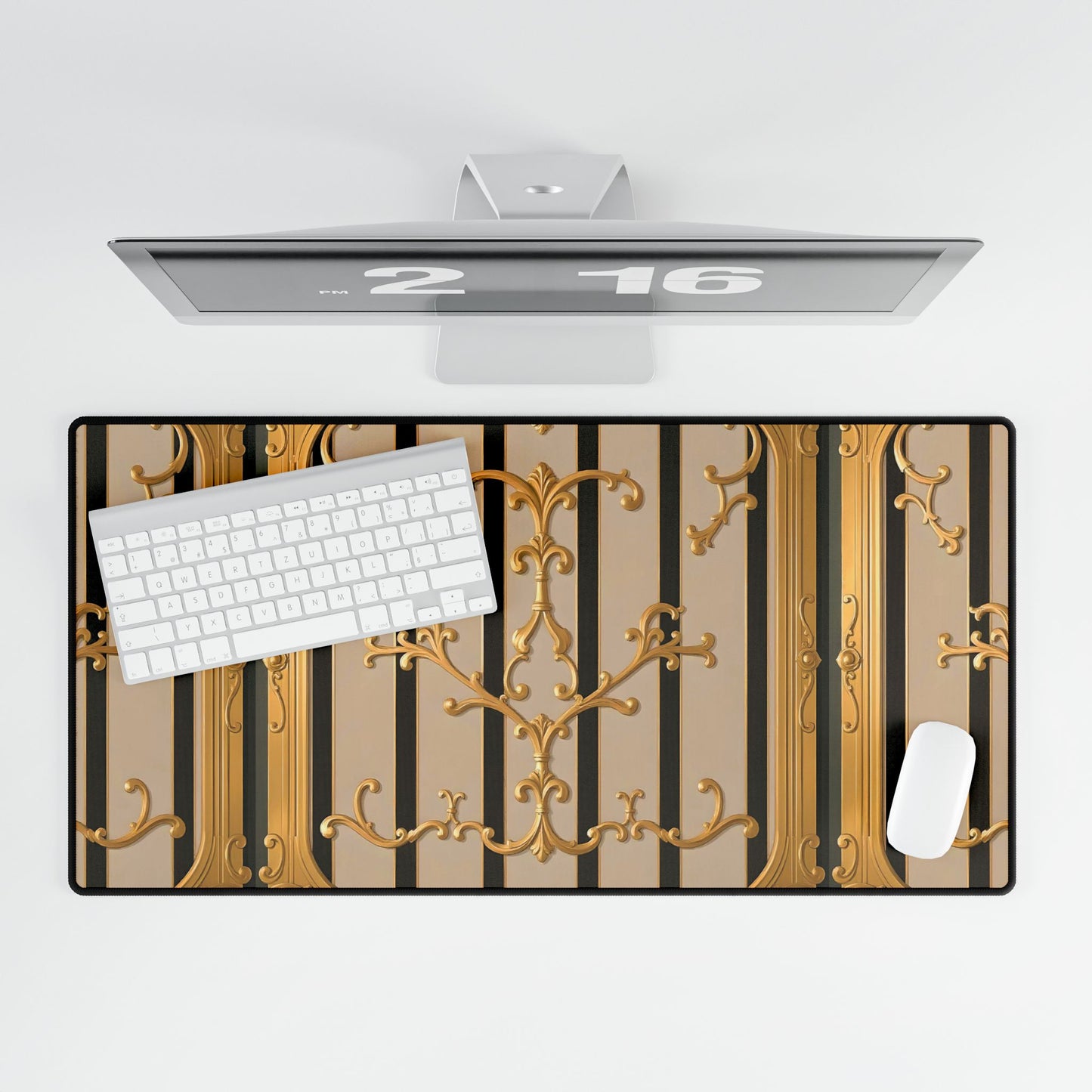 Desk Mats - Beige Striped Gold Rococo
