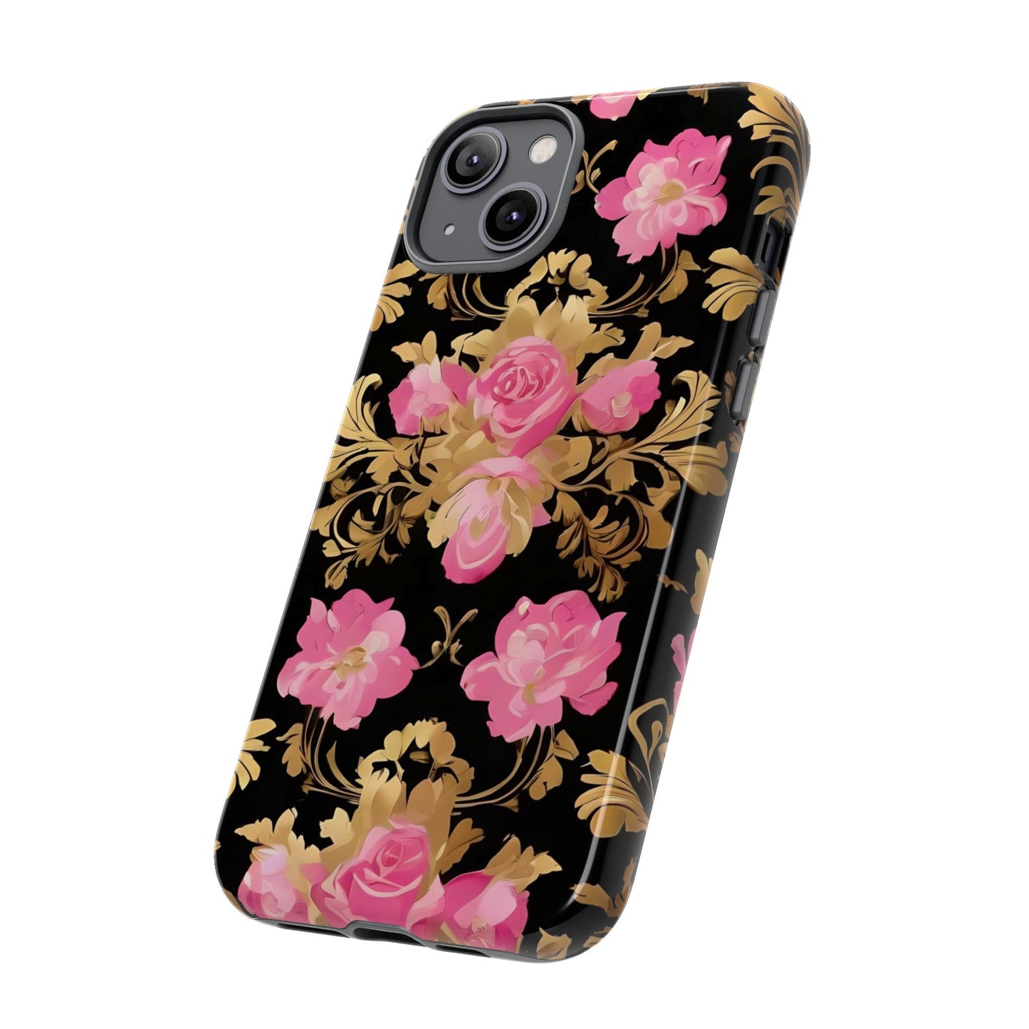 Elegant Floral Motif Phone Case - Tough Cases with Vintage Design - Pink & Gold Roses