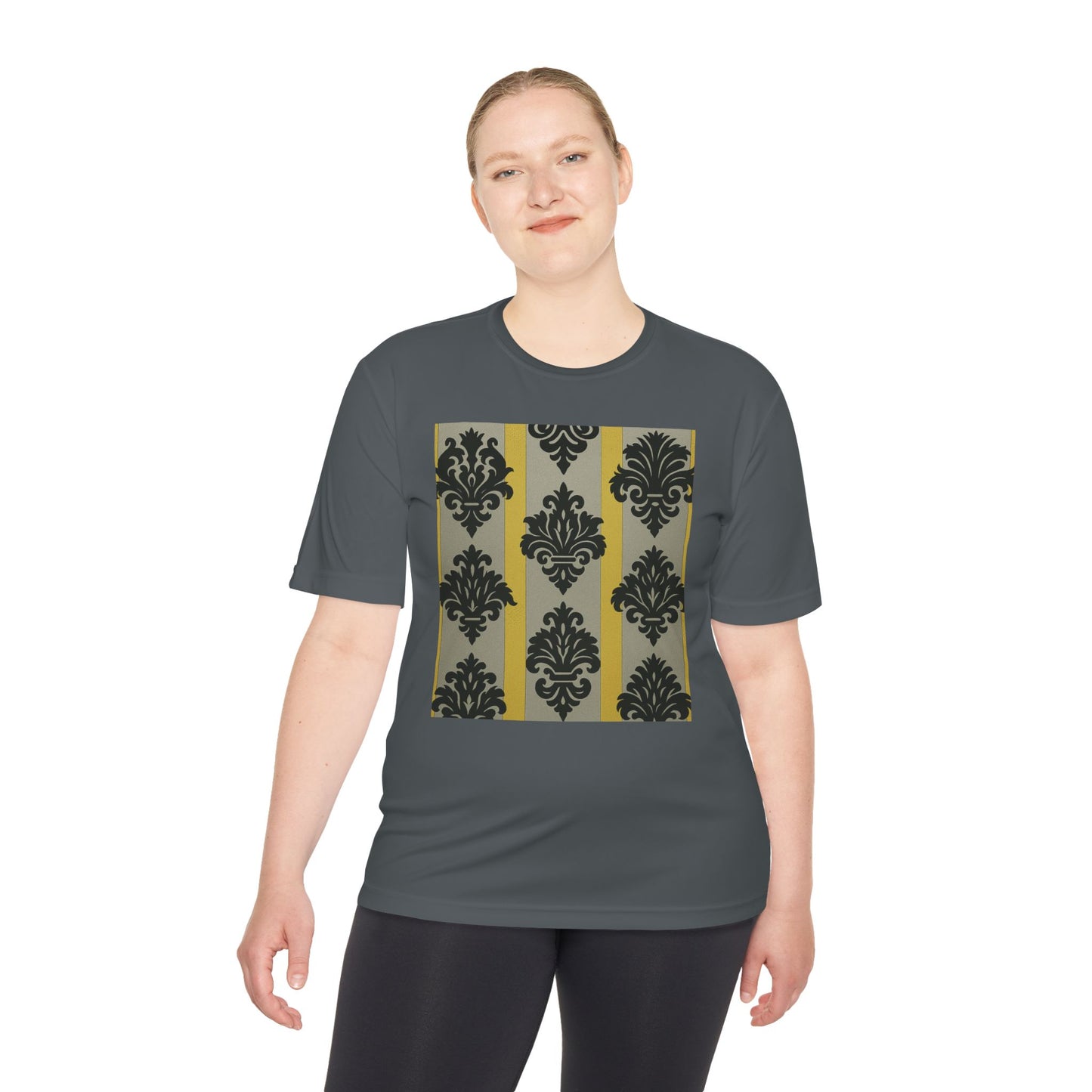 Elegant Patterned Unisex Moisture Wicking Tee, Activewear, Casual Tee, Gift for Him/Her, Stylish Sportswear - Silver & Gold Striped Black Baroque