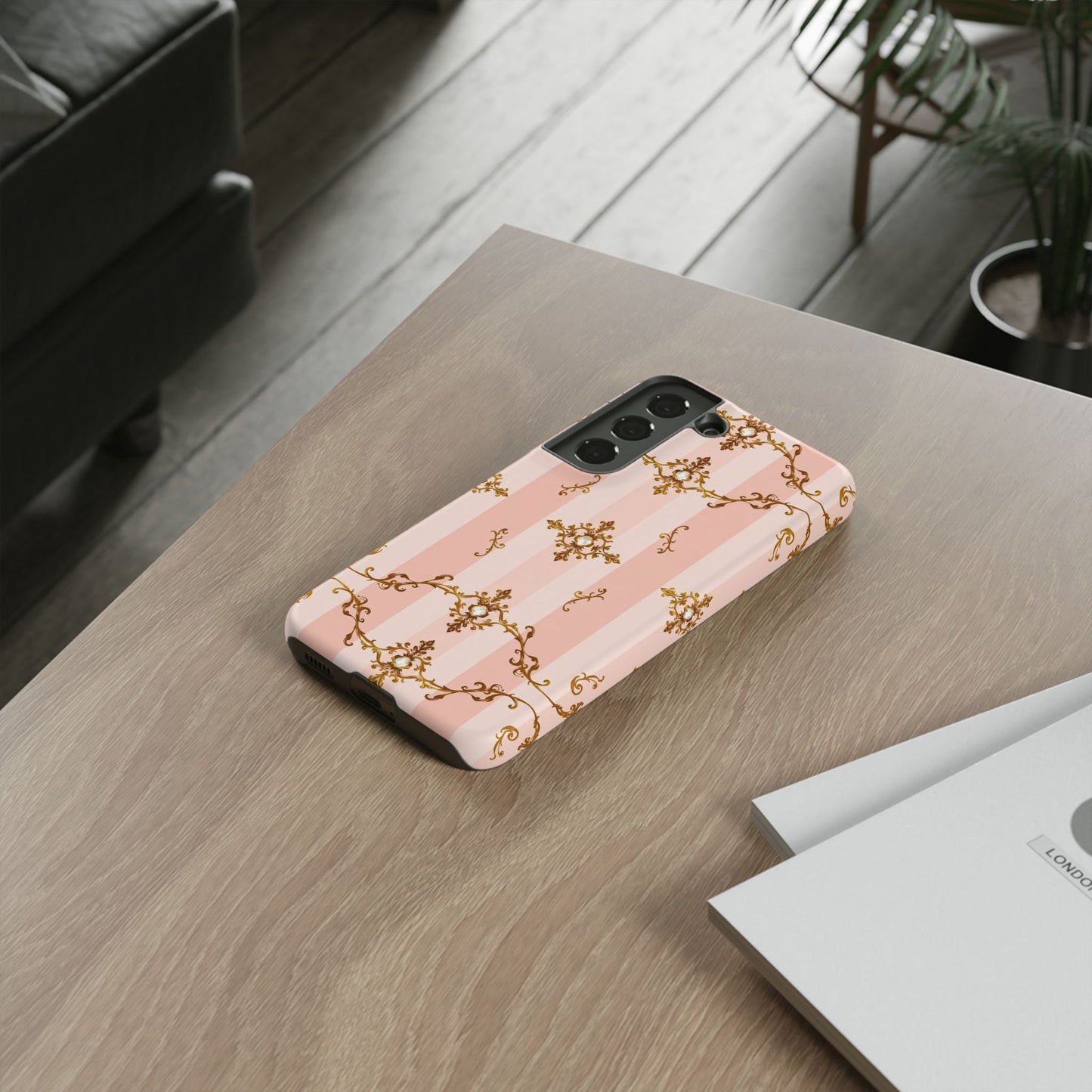 Elegant Floral Phone Case, Tough Cases for Women, Trendy Phone Cover, Chic Gift - Pink Jeweled Striped Gold Baroque