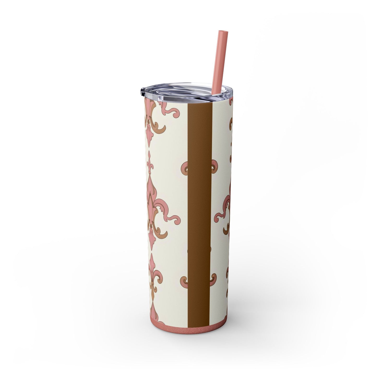 Elegant Floral Skinny Tumbler, 20oz Drinkware, Stylish Travel Mug, Wedding Gift, Personalized Gift, Eco-Friendly Cup - Brown Striped Pink Arabesque