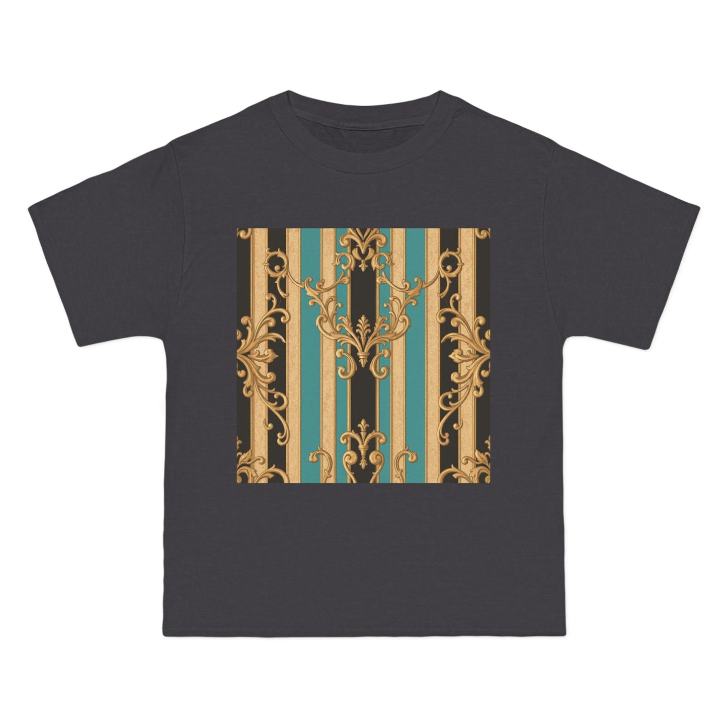 Chic Black, Tan & Ocean Green Striped Gold Baroque Vintage Pattern T-Shirt - Art Shirt, Stylish Casual Wear, Gifts & Everyday Fashion