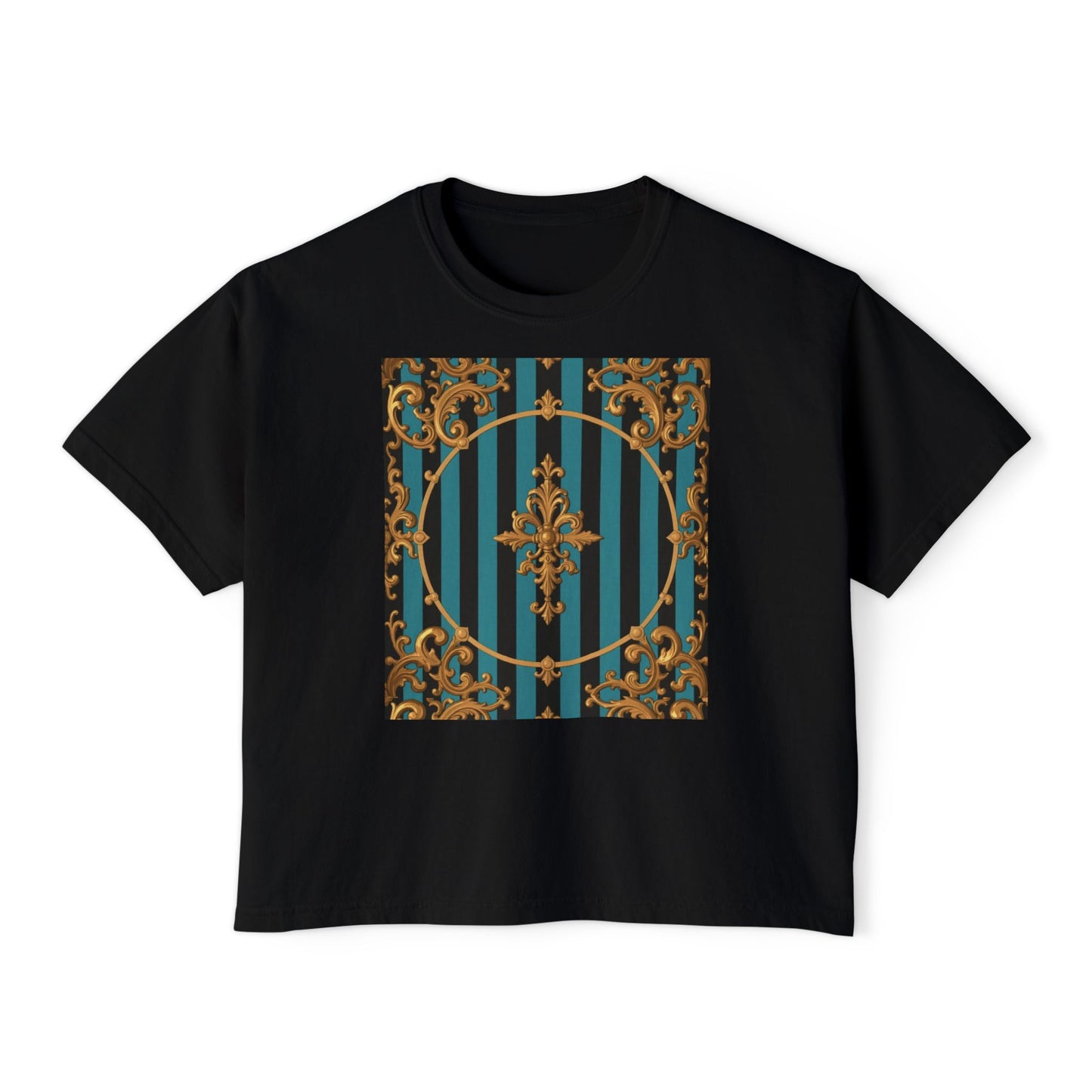 Chic Turquoise & Black Striped Gold Baroque Women's Boxy Tee with Vintage Inspired Design, Perfect for Casual Outings