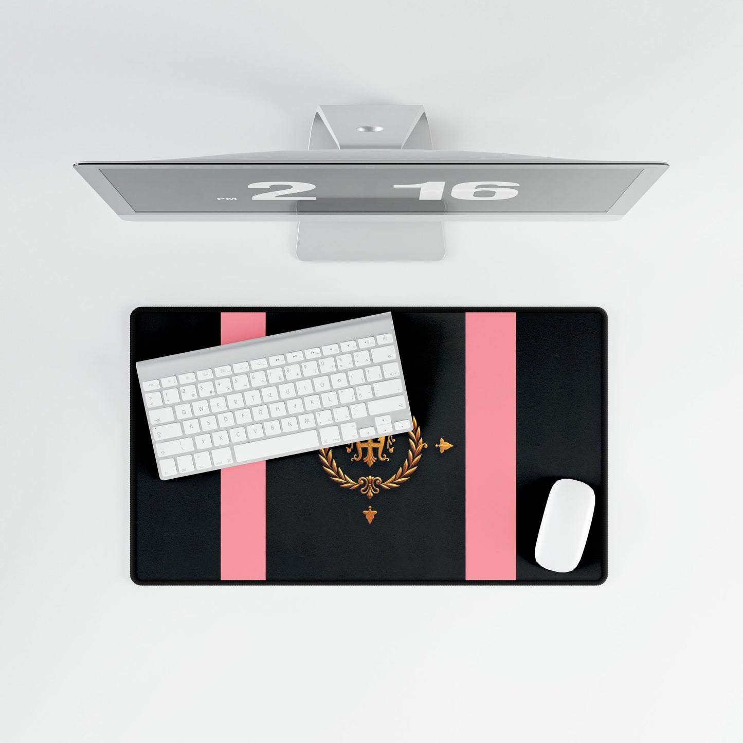 Elegant Desk Mats for Home Office, Stylish Workstation Accessories, Decorative Mouse Pads, Personalized Desk Protectors - Pink Striped Gold Crest