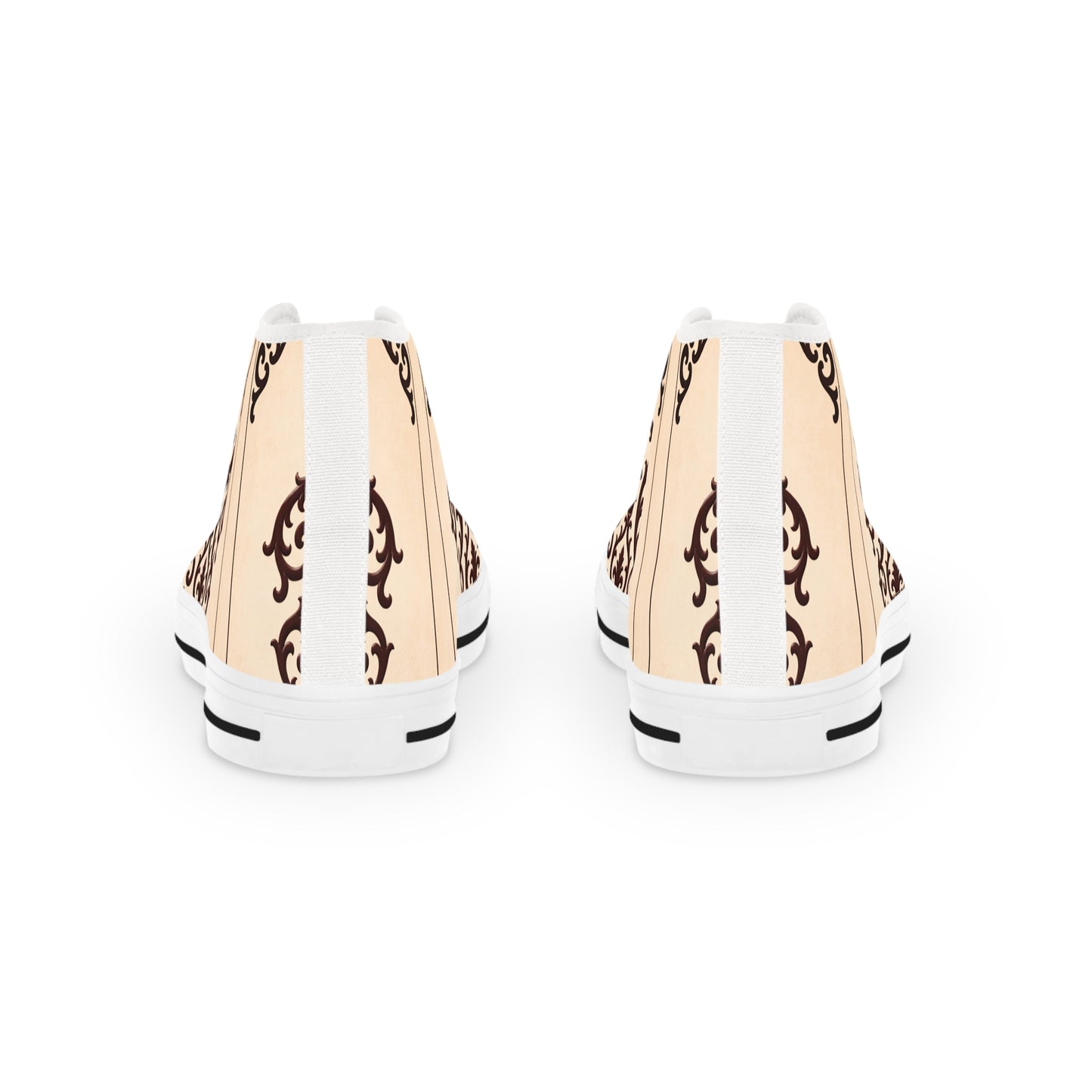 Almond-Beige & Brown Baroque Scroll High-Top Sneakers — Beige Ornate Men's Canvas Shoes