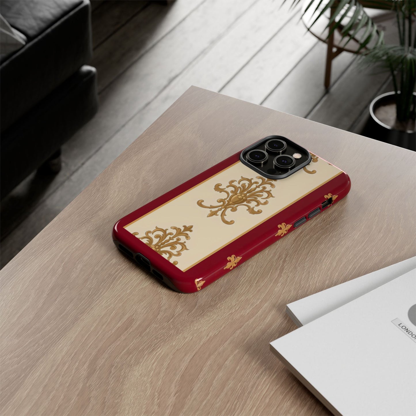 Elegant Floral Motif Phone Case - Tough Cases with Vintage Design - Dusk Red Striped Gold Damask