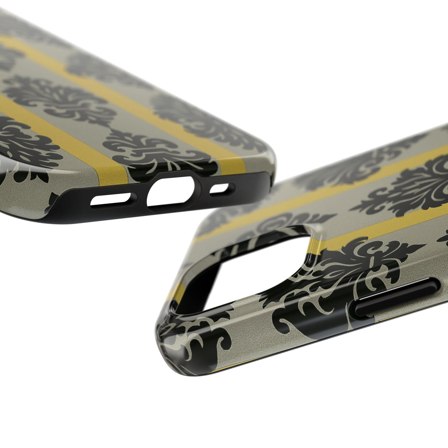Elegant Baroque Tough Phone Cases | Chic Phone Protection | Gift for Her | Stylish Accessory | Holiday Gift Idea | Silver & Gold Striped Black Baroque