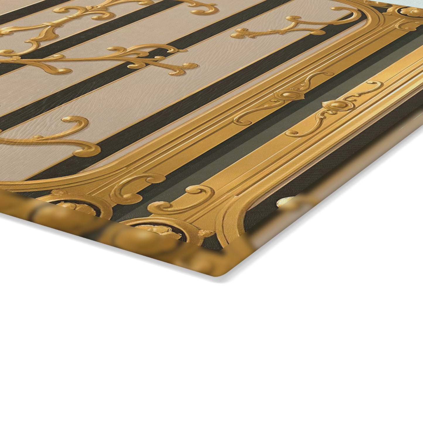 Elegant Decorative Glass Cutting Board | Kitchen Gifts, Home Decor, Wedding Registry, Unique Kitchenware - Beige Striped Gold Rococo