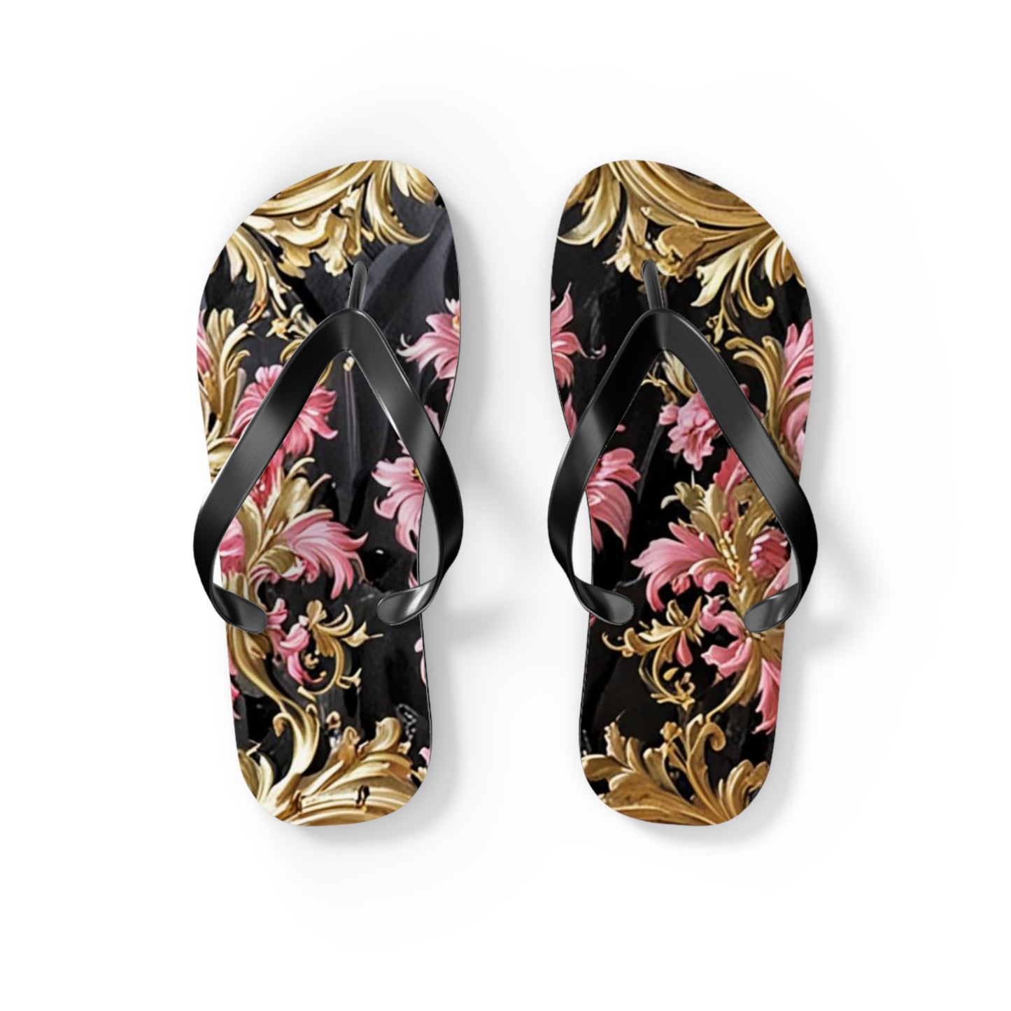 Elegant Floral Flip Flops - Summer Footwear, Beach Sandals, Vacation Accessories, Travel Essentials - Black & Pink Oil Painting Style Rococo
