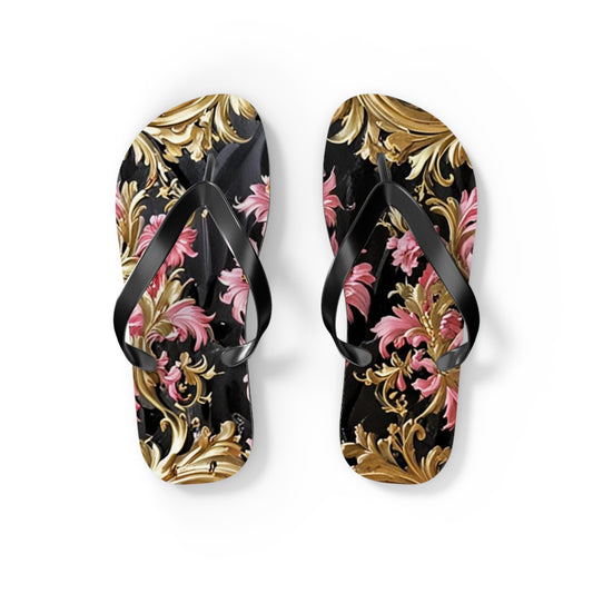 Elegant Floral Flip Flops - Summer Footwear, Beach Sandals, Vacation Accessories, Travel Essentials - Black & Pink Oil Painting Style Rococo