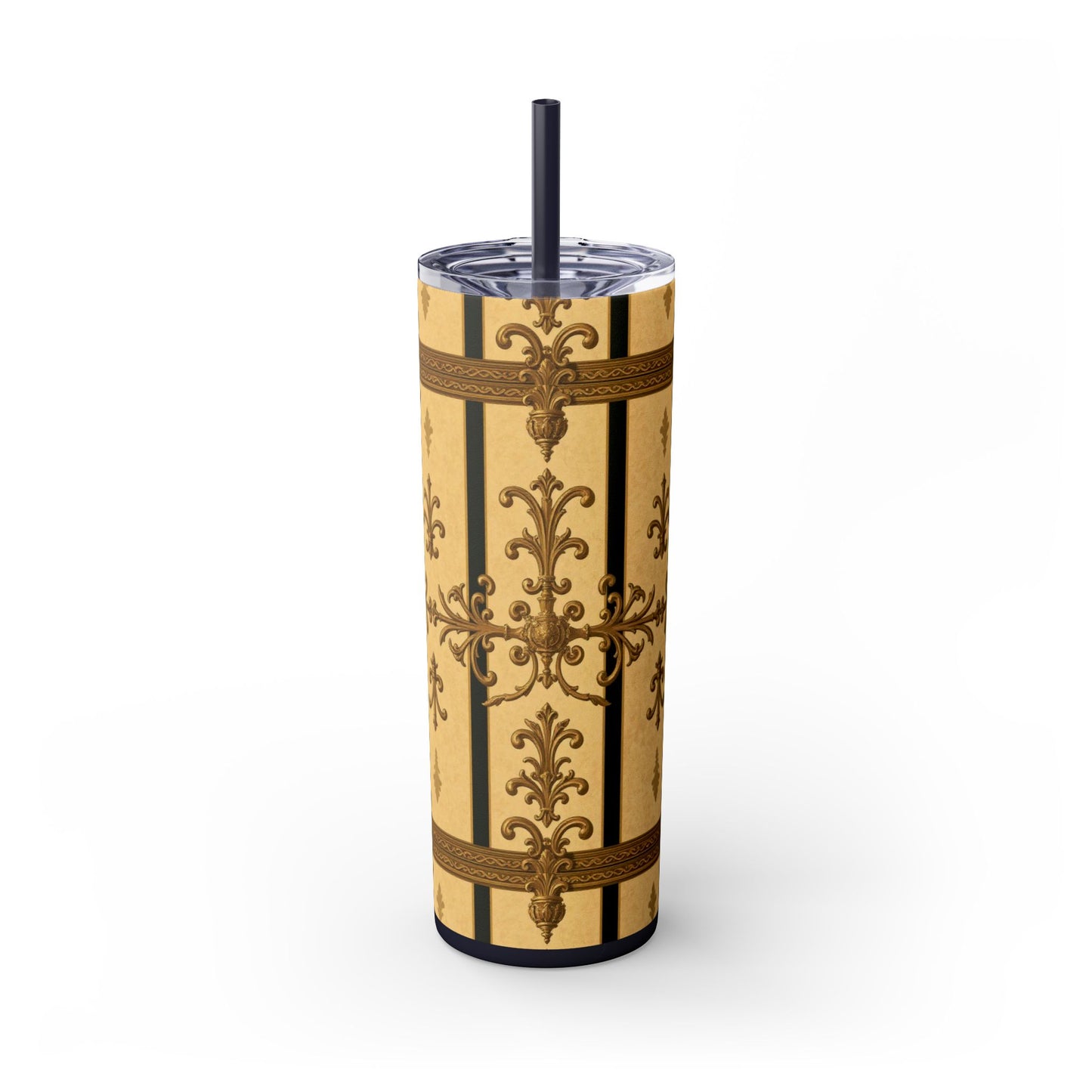 Elegant Vintage Skinny Tumbler, 20oz Insulated Drink Cup, Perfect for Home, Office, Gifts, Holidays, Travel - Matte Yellow Striped Antique Rococo