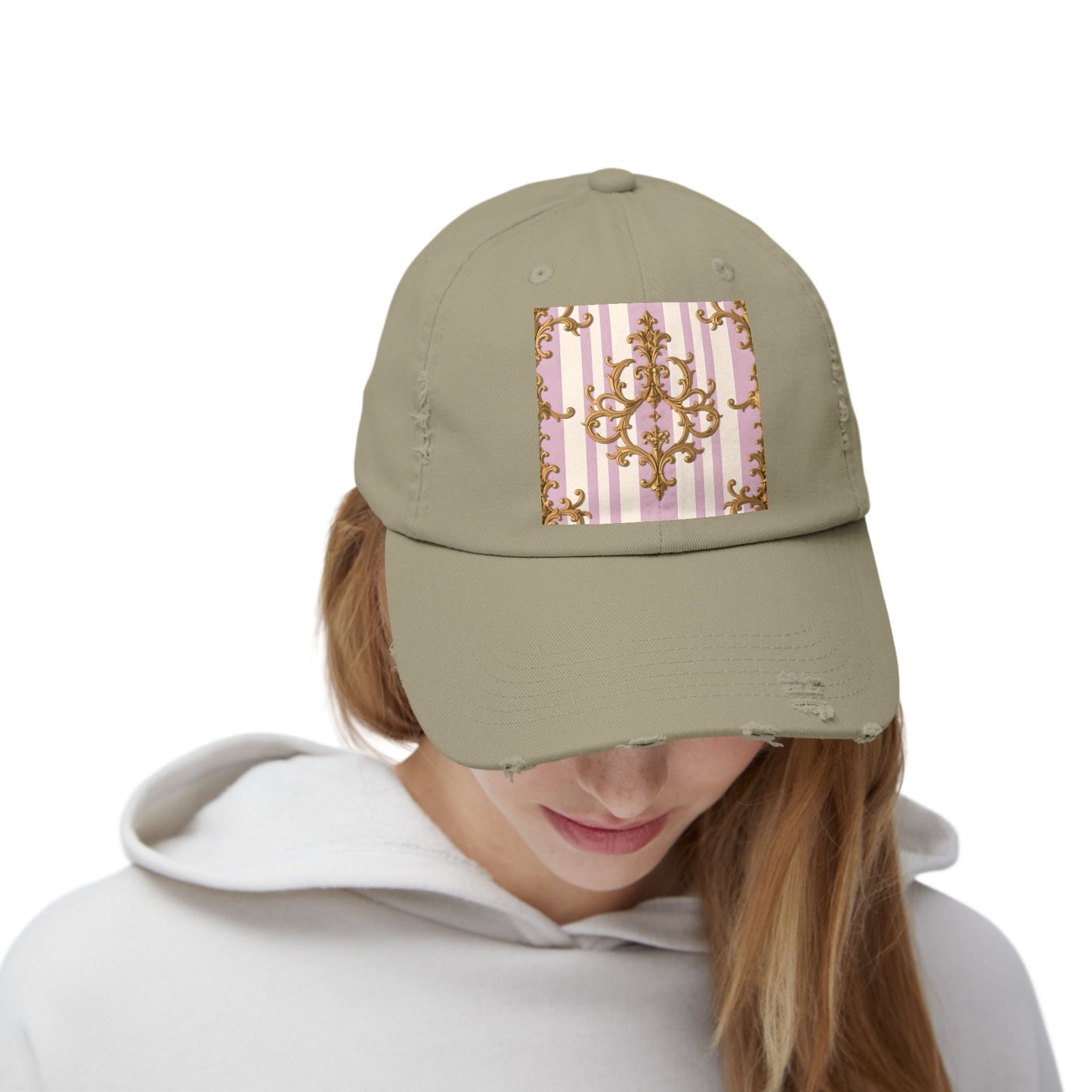 Chic Distressed Cap with Elegant Design | Trendy Accessory, Gift for Fashion Lovers, Perfect for Casual Outings - Lilac & Alabaster Striped Gold Baroque