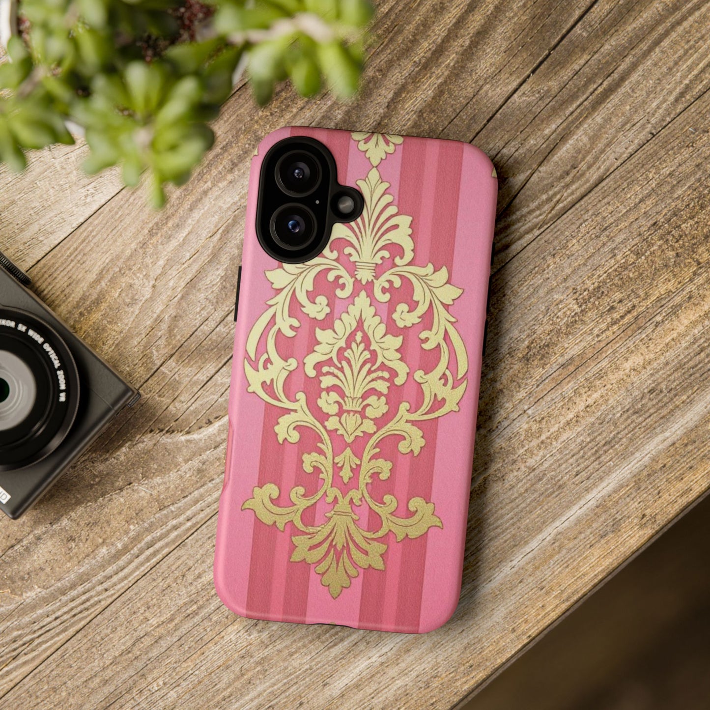Elegant Floral Motif Phone Case - Tough Cases with Vintage Design - Pink Striped Damask