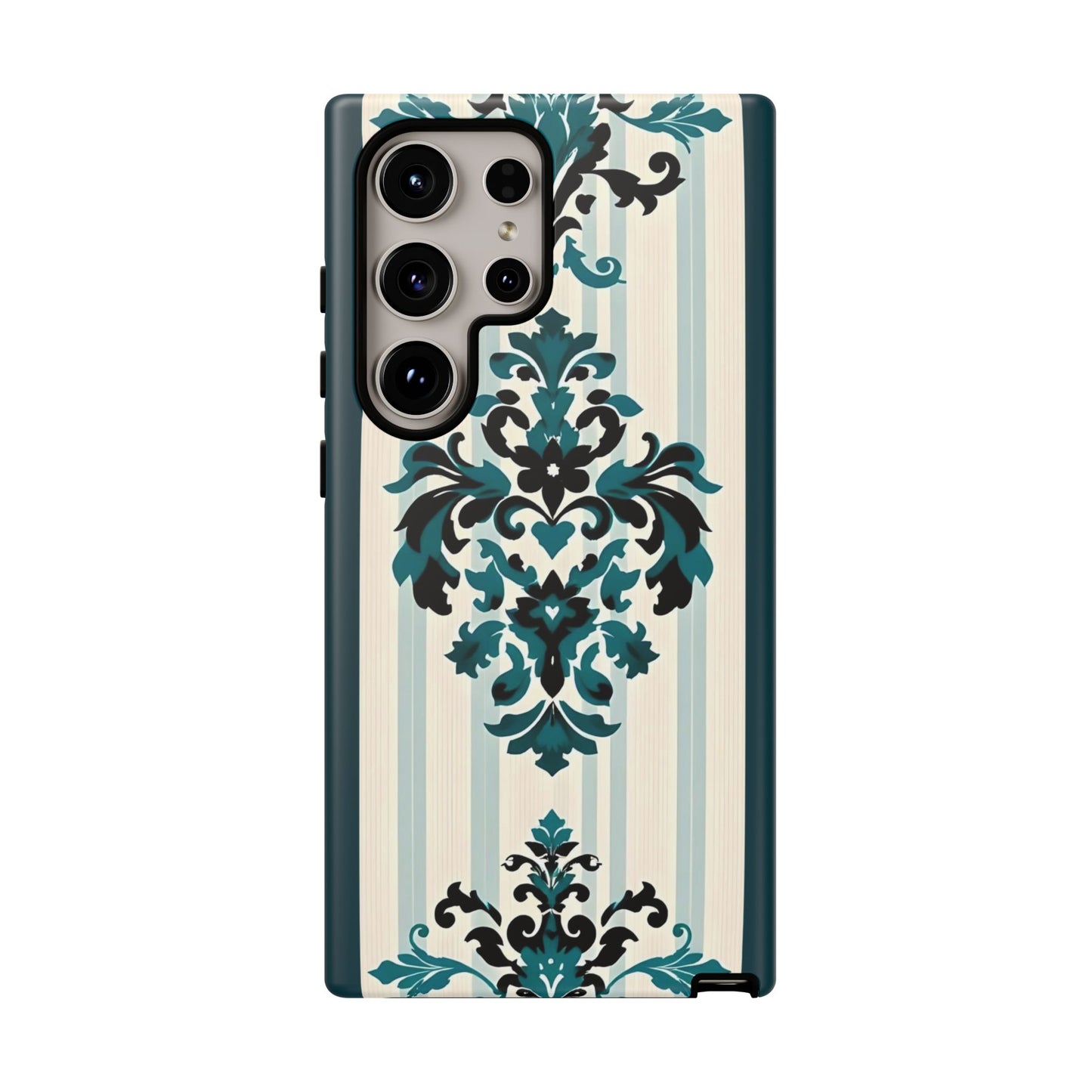 Elegant Floral Phone Case - Tough Cases with Vintage Design - Teal Striped Damask