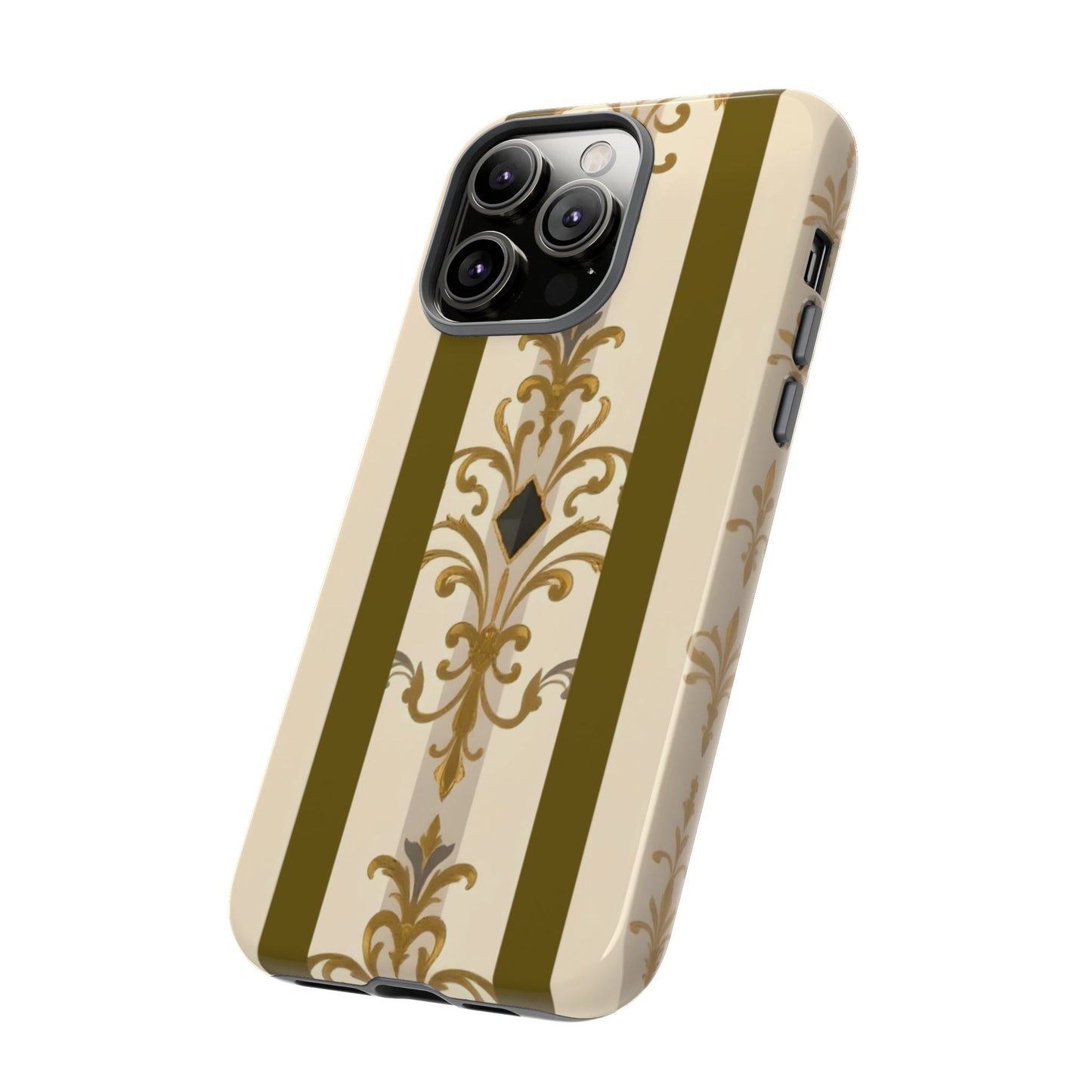 Elegant Floral Motif Phone Case - Tough Cases with Vintage Design - Olive Striped Gold Damask