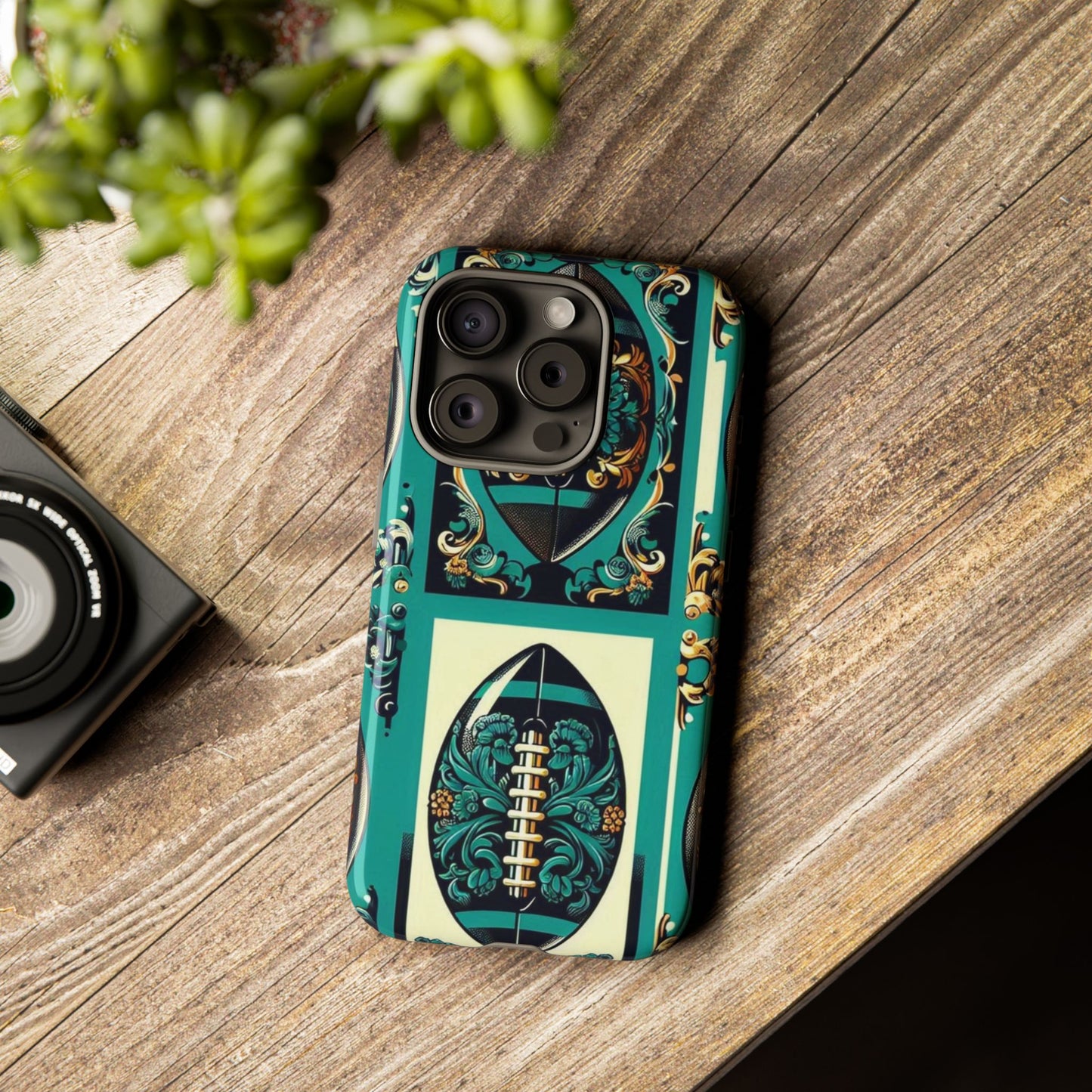 Elegant Floral Motif Phone Case - Tough Cases with Vintage Design -  Damask Teal, Gold & Black Footballs