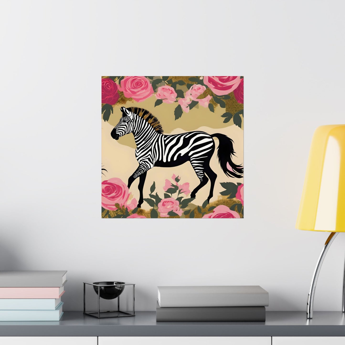 Floral Art Poster - Elegant Matte Vertical Wall Decor - Zebra In Olive & Pink Roses