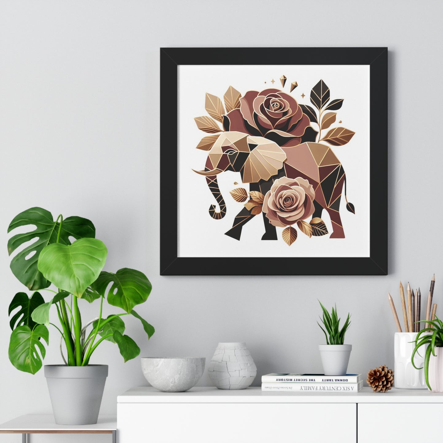 Vertical Poster - Brown & Gold Elephant & Roses Wall Art