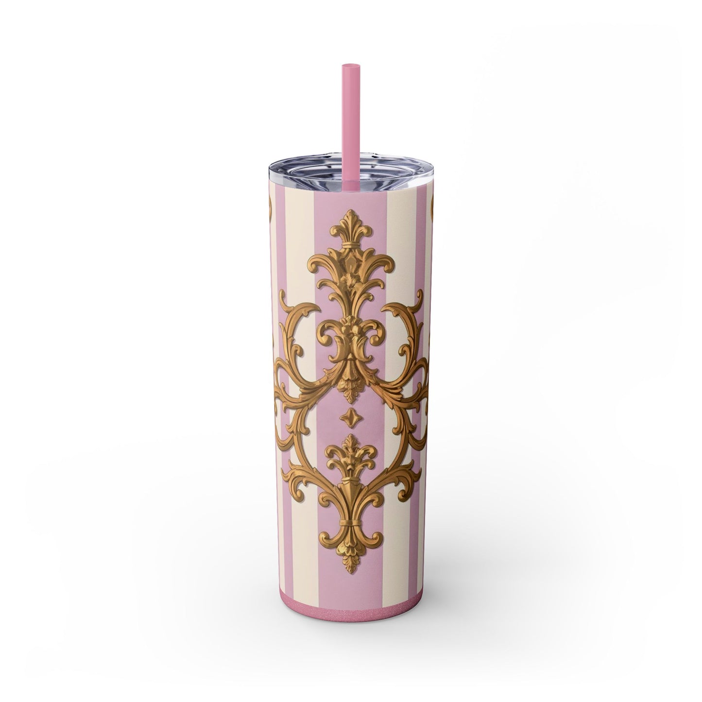Elegant Pink Tumbler, Gold Patterned Travel Cup, Insulated Drink Holder, Stylish Coffee Tumbler - Lilac & Alabaster Striped Gold Baroque
