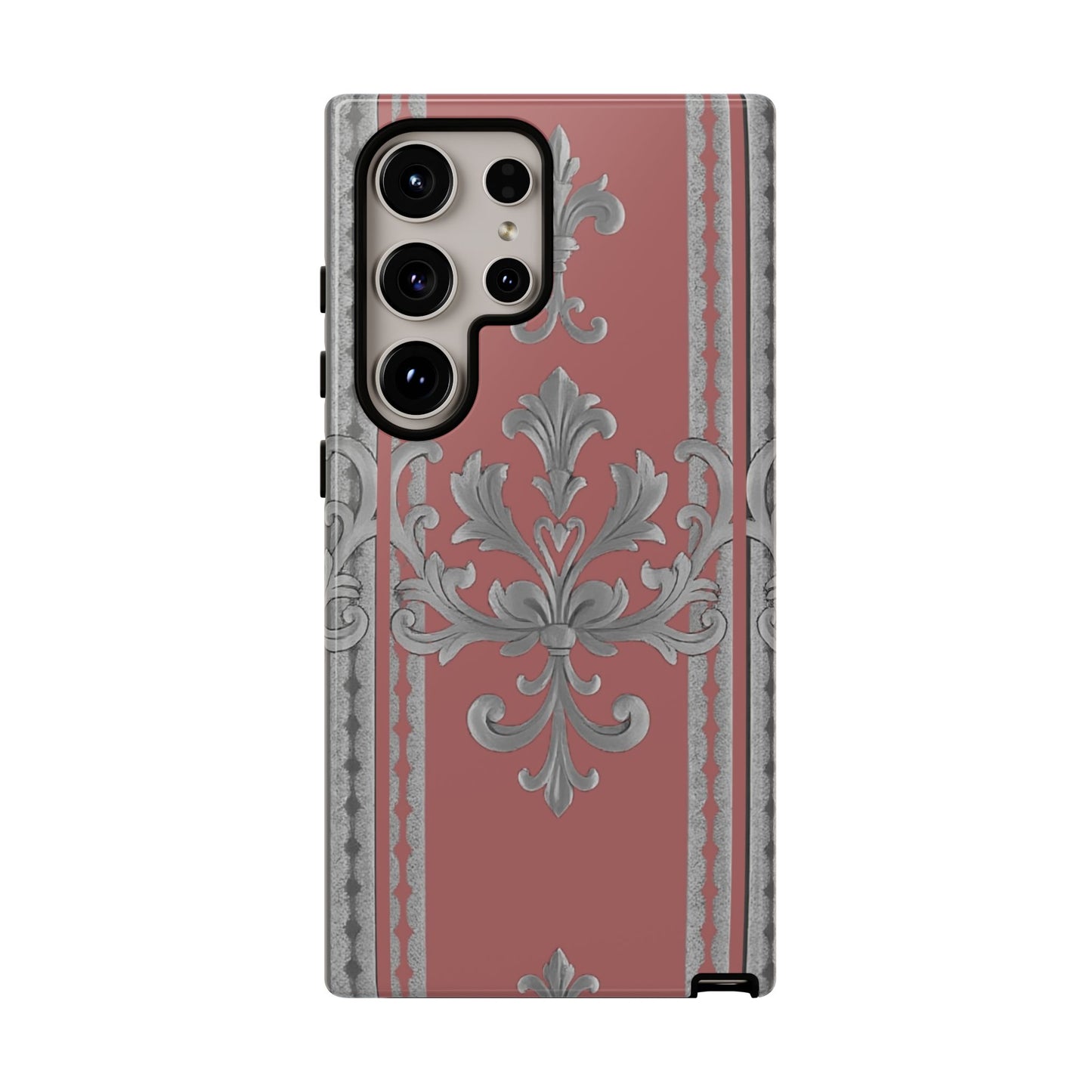 Elegant Floral Phone Case - Tough Cases for Stylish Protection - Gray & Mauve Striped Baroque