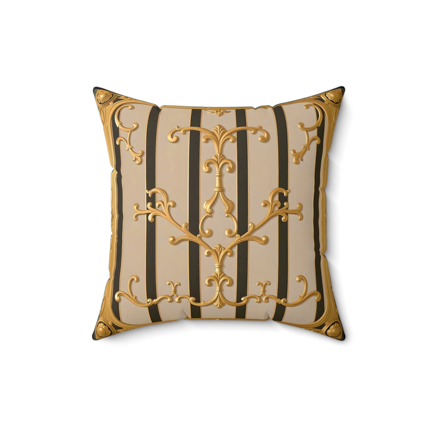 Elegant Neoclassical Square Pillow | Gold Accents, Home Decor, Gift for Him/Her, Luxury Cushion, Living Room Accent - Beige Striped Gold Rococo