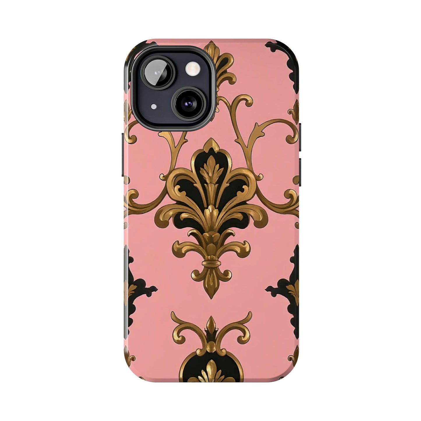 Chic Tough Phone Cases with Floral Design, Elegant Phone Cover, Durable Smartphone Case, Stylish Tech Accessory - Pink, Black & Gold Rococo