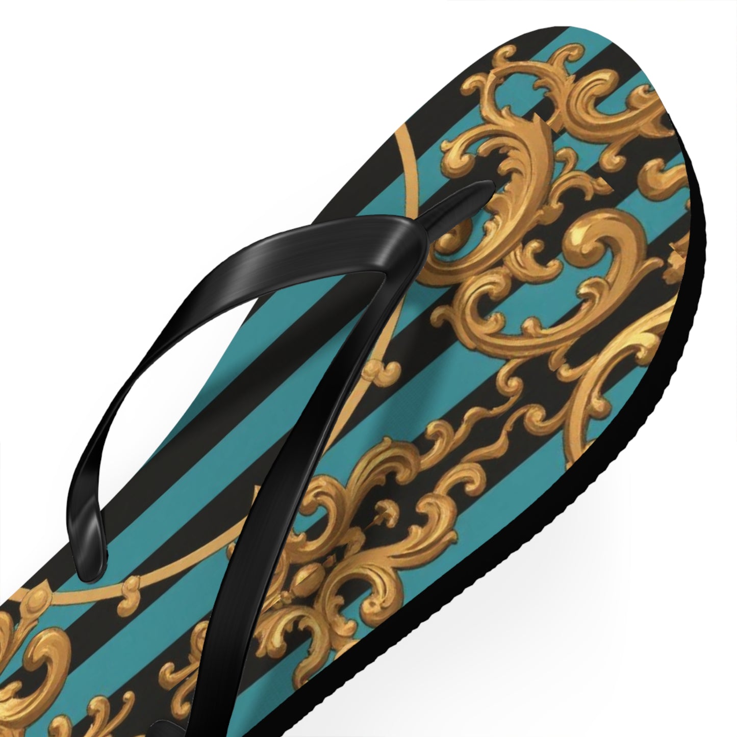 Elegant Turquoise & Black Striped Gold Baroque Patterned Flip Flops for Beach, Summer Vibes, Vacation Essentials, Stylish Footwear