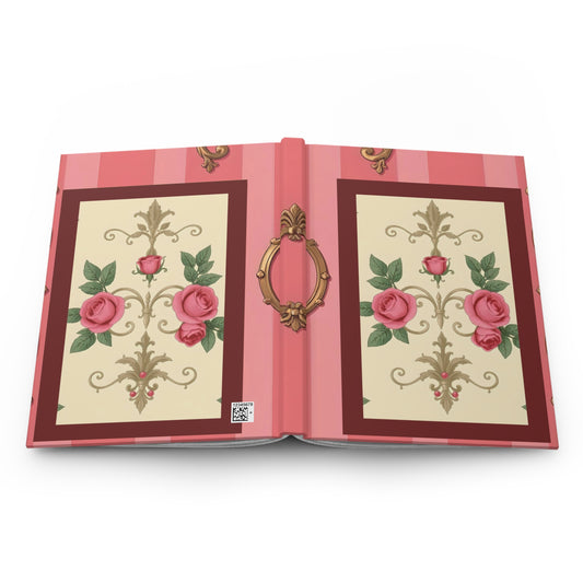 Elegant Floral Hardcover Journal - Vintage Rose Design - Pink Striped Baroque & Roses
