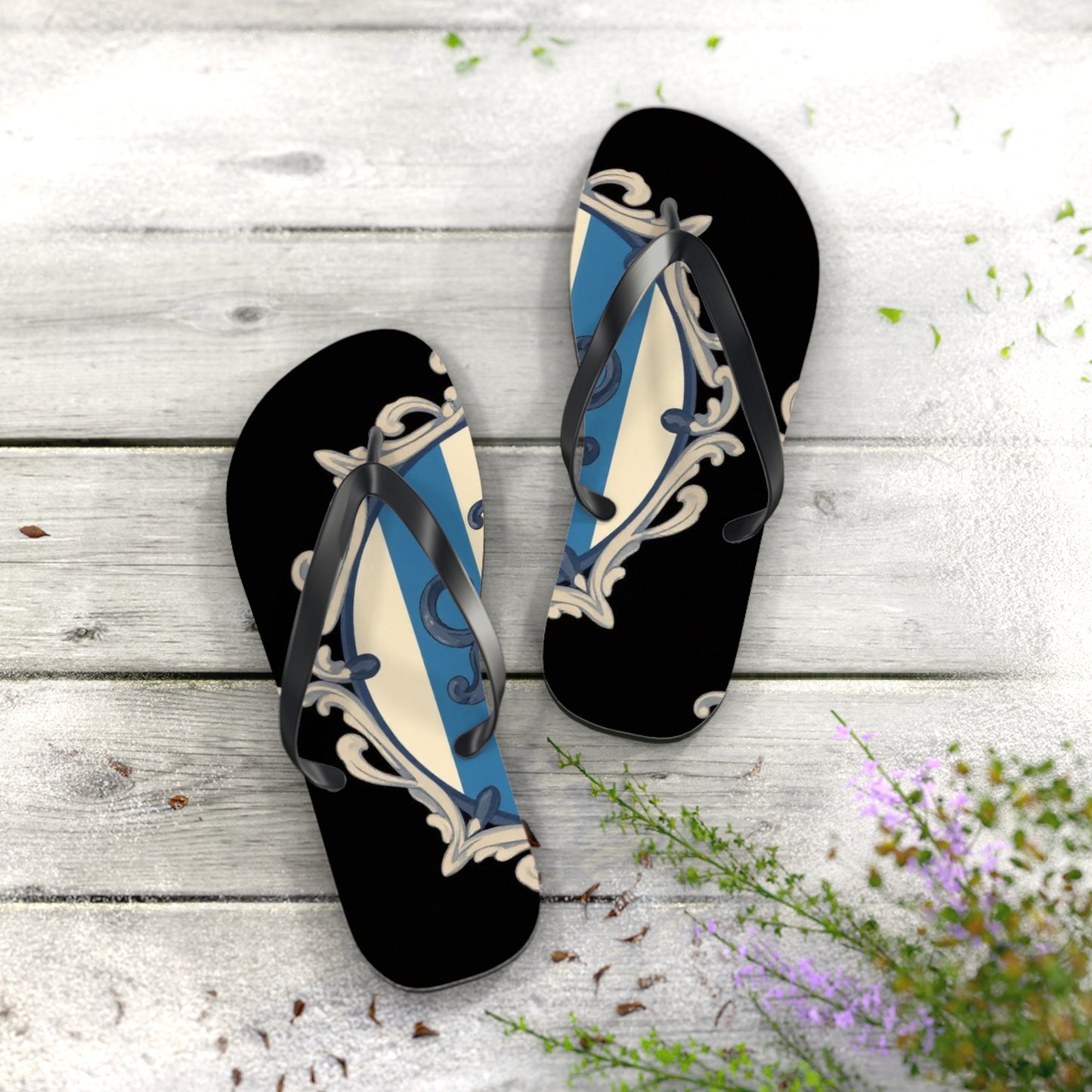 Stylish Blue & Alabaster Striped Baroque Beach Flip Flops, Summer Footwear, Vacation Sandals, Casual Footwear, Pool Party Essentials