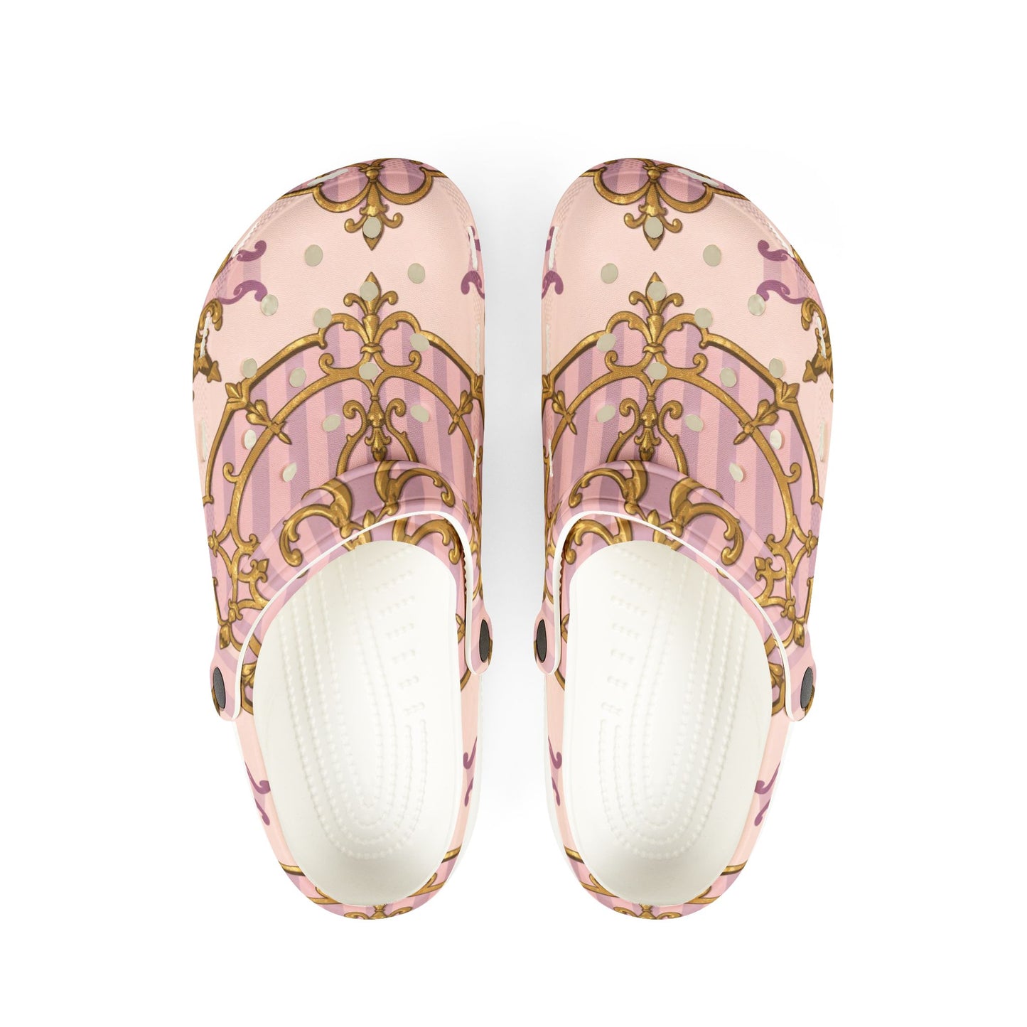 Chic Lavender & Alabaster Striped Gold Baroque Clogs for Comfort Lovers, Trendy Slip-On Shoes, Perfect for Home, or Casual Outings, Gift for Her