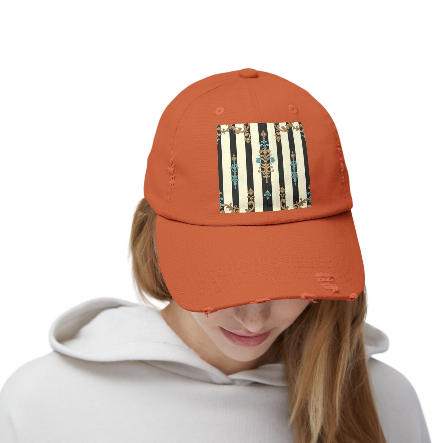 Trendy Distressed Cap for Fashion Lovers, Casual Cap, Gift for Him, Gift for Her - Black Striped Turquoise & Black Rococo