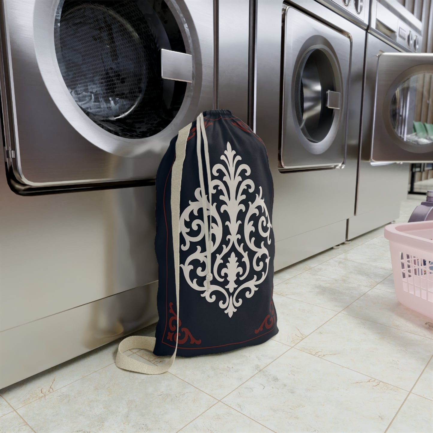 Dusk Blue-Maroon & White Baroque Laundry Bag — Dusk Blue & White Travel Wash Bag
