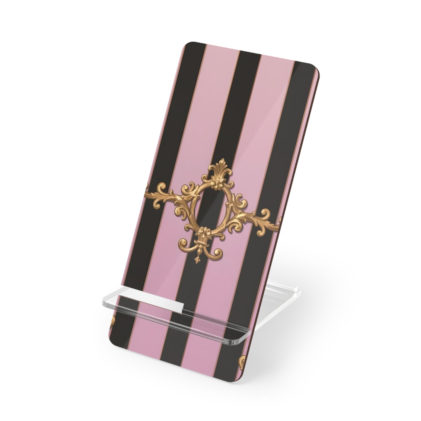 Chic Smartphone Stand with Gold Accents, Elegant Phone Holder, Desk Organizer, Tech Accessories - Matte Lavender & Black Striped Gold Baroque