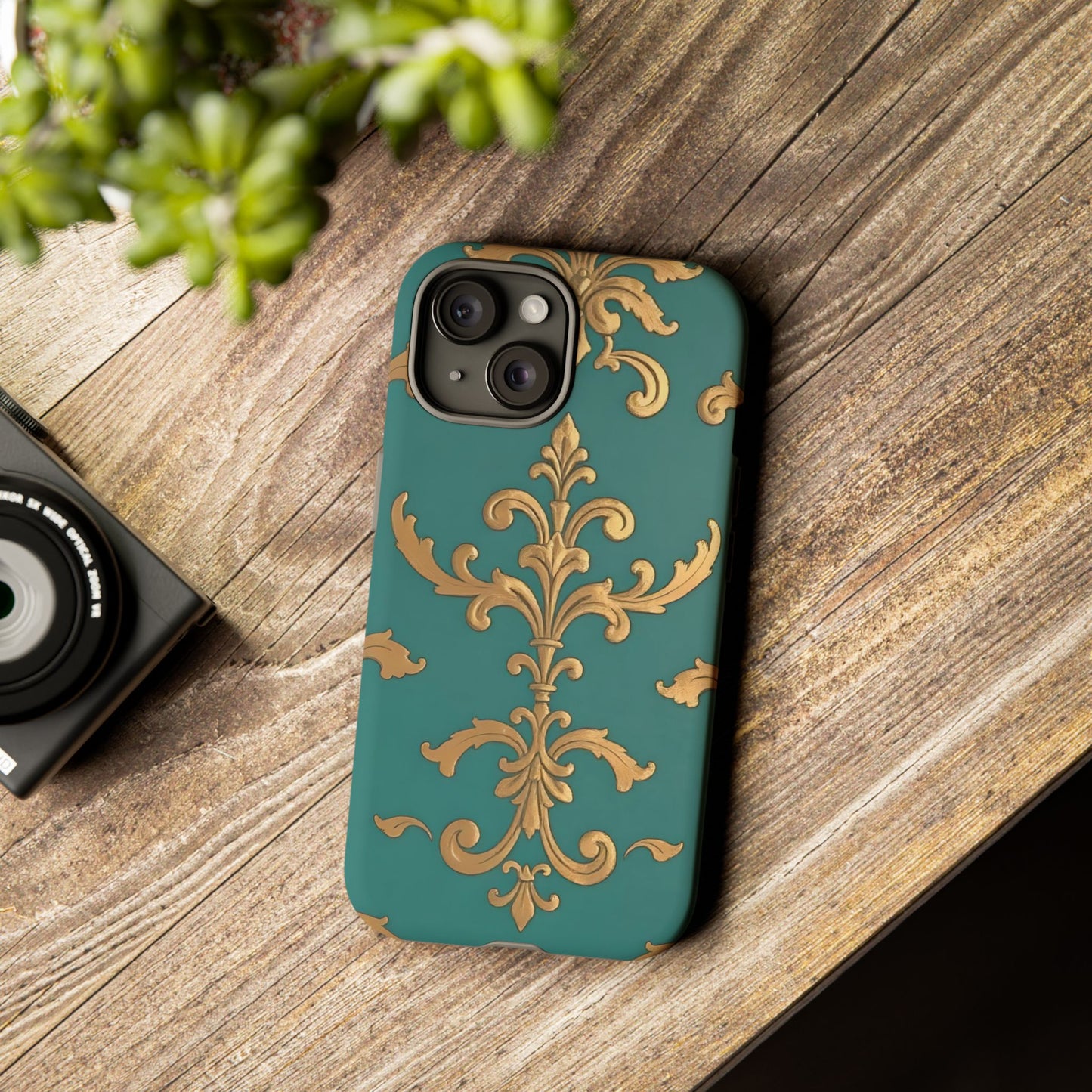 Elegant Floral Motif Phone Case - Tough Cases with Vintage Design - Aqua & Gold Damask