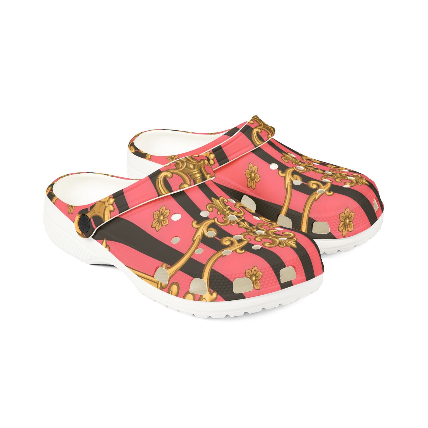 Elegant Designer EVA Foam Shoes - Trendy Comfort for Summer Outings, Fashionable Footwear for Garden - Pink & Black Striped Gold Baroque