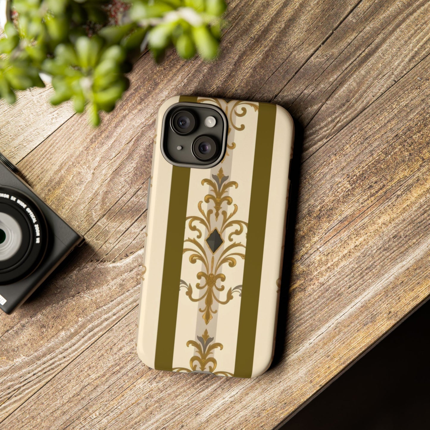 Elegant Floral Motif Phone Case - Tough Cases with Vintage Design - Olive Striped Gold Damask